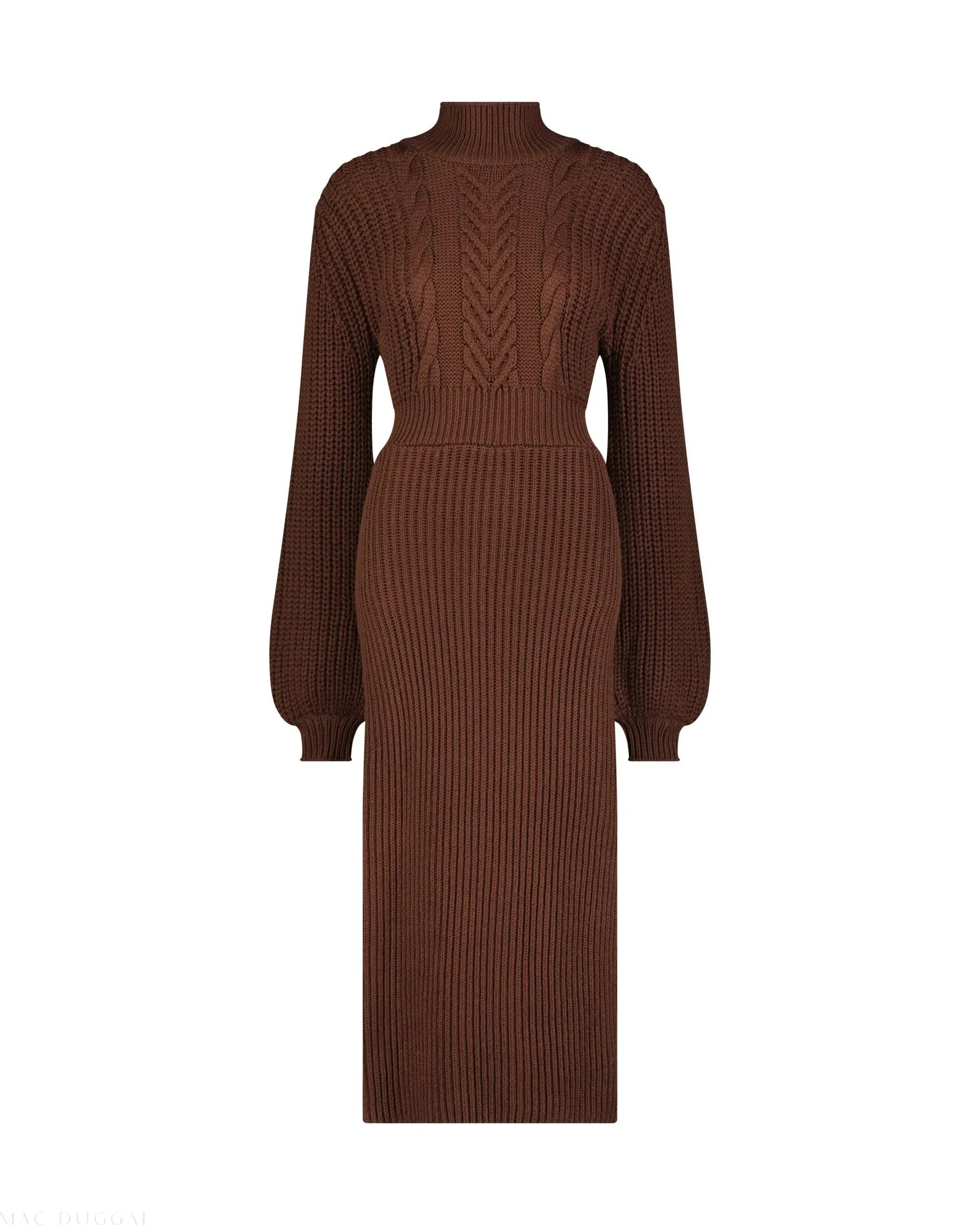 Brown Long Sleeve Turtle Neck Knit Midi Dress - Mac Duggal Brown Long Sleeve Turtle Neck Knit Midi Dress - Mac Duggal