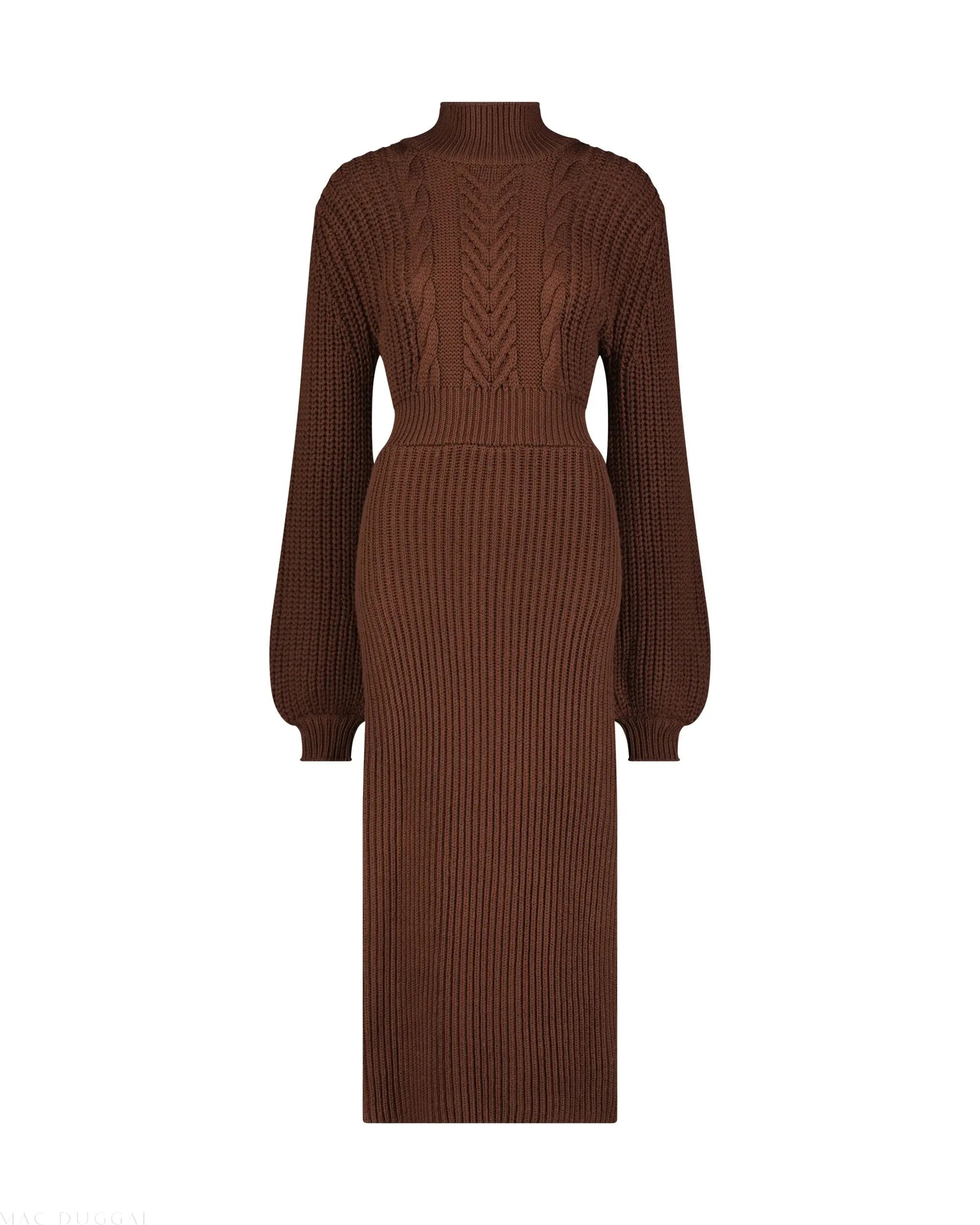 Brown Long Sleeve Turtle Neck Knit Midi Dress - Mac Duggal