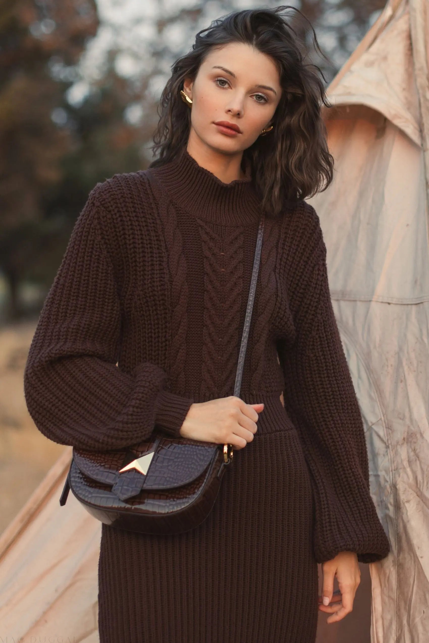 Brown Long Sleeve Turtle Neck Knit Midi Dress - Mac Duggal Brown Long Sleeve Turtle Neck Knit Midi Dress - Mac Duggal