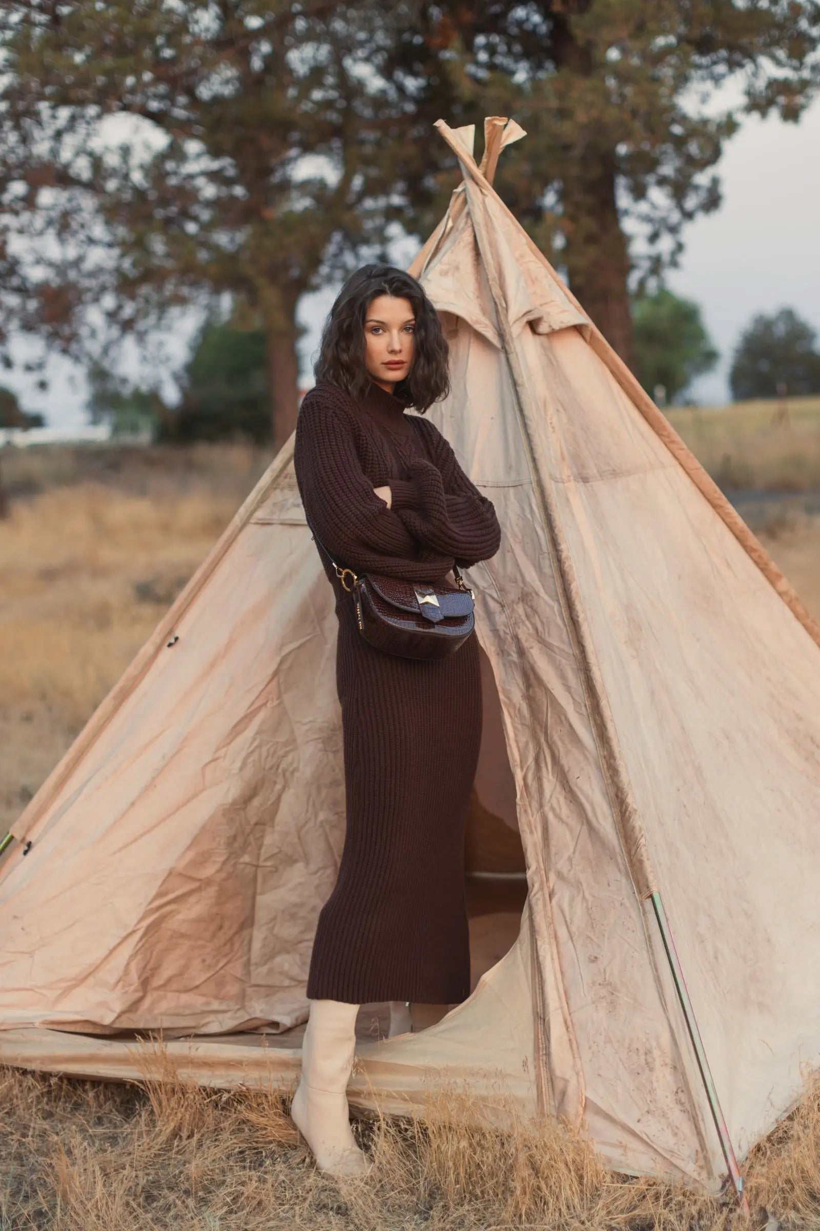 Brown Long Sleeve Turtle Neck Knit Midi Dress - Mac Duggal
