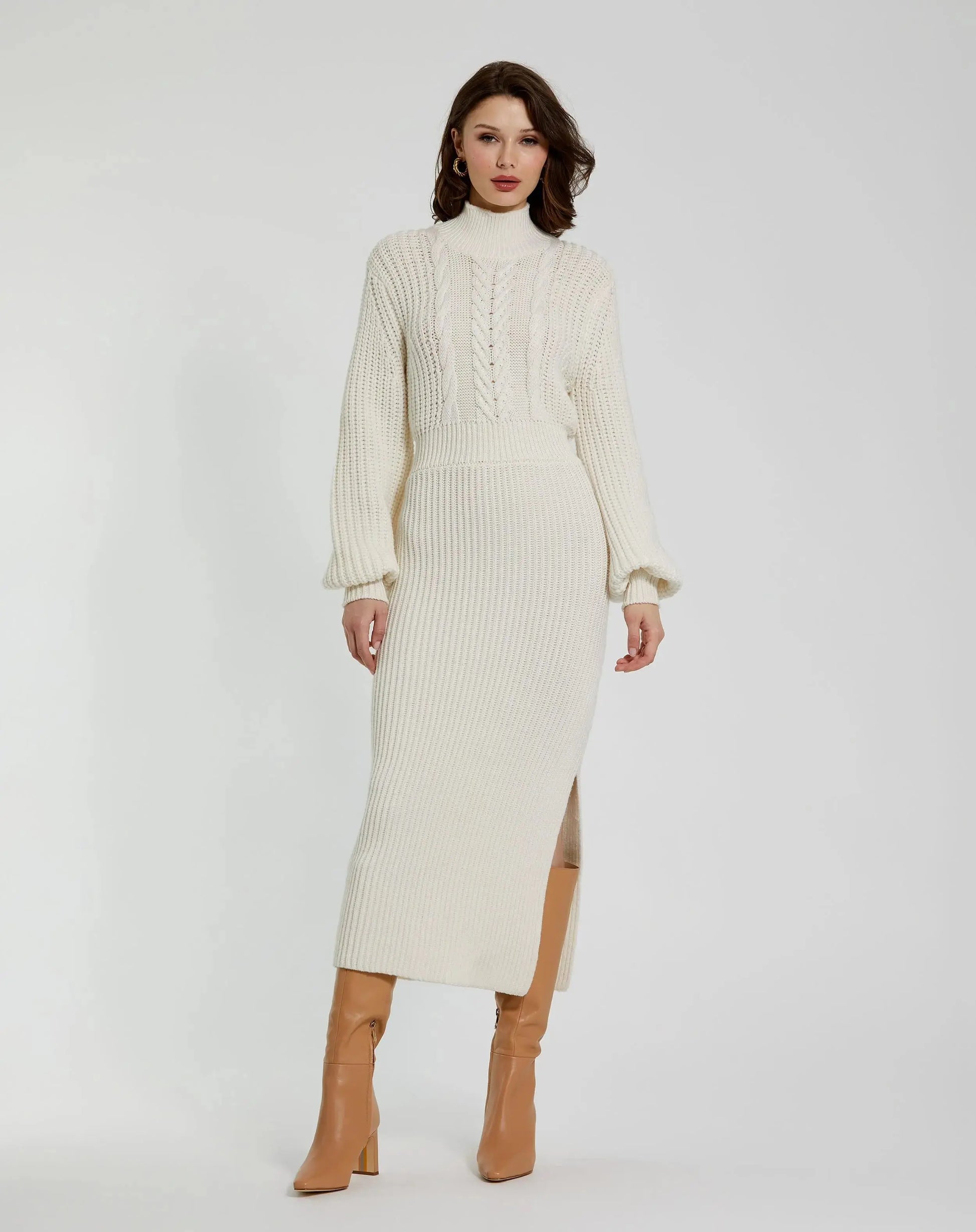White Long Sleeve Turtle Neck Knit Midi Dress - Mac Duggal