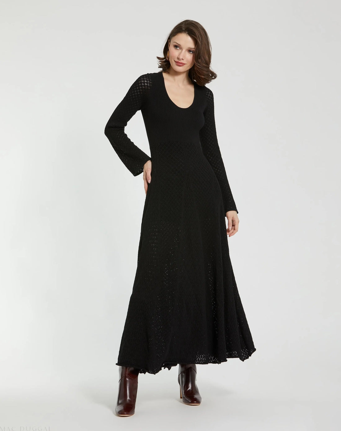 Black Scoop Neck Long Sleeve Knit Maxi Dress - Mac Duggal