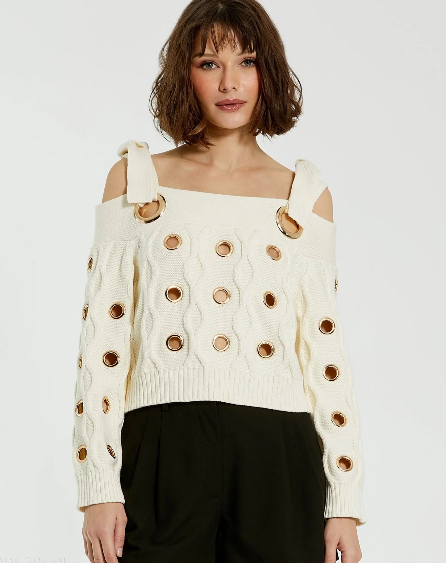 Ivory Chunky Knit Off The Shoulder Grommet Cropped Sweater - Mac Duggal