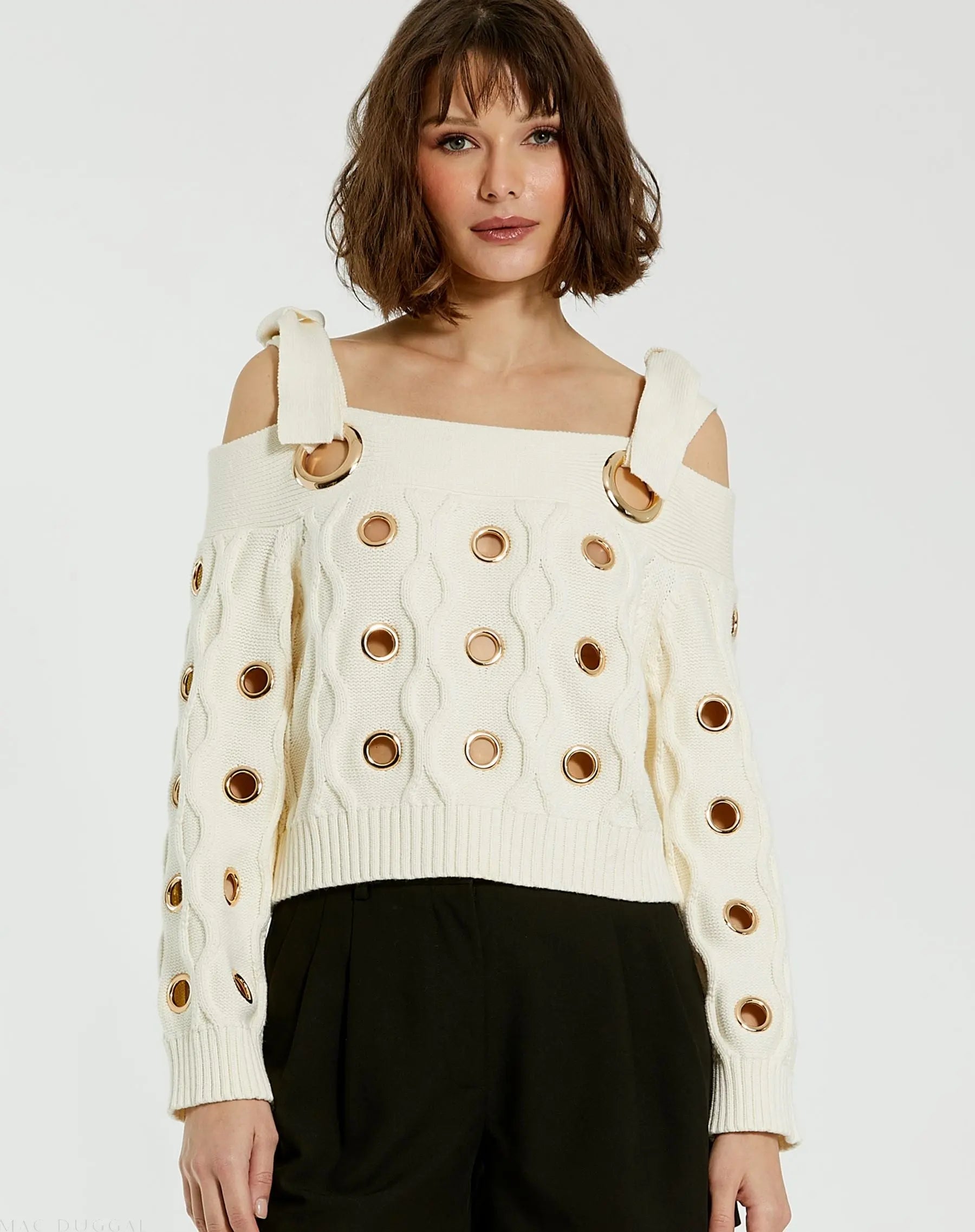 Ivory Chunky Knit Off The Shoulder Grommet Cropped Sweater - Mac Duggal