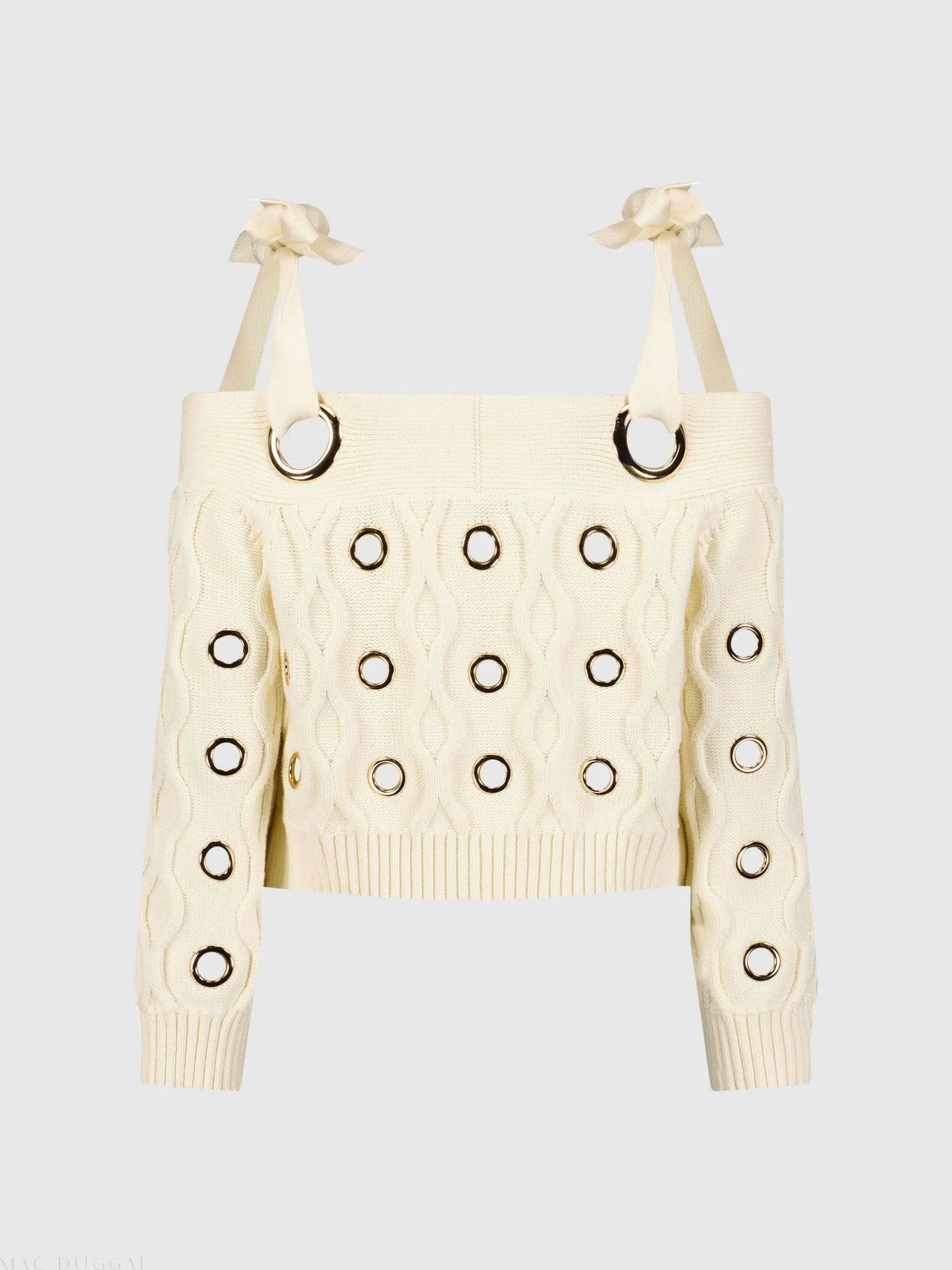 Ivory Chunky Knit Off The Shoulder Grommet Cropped Sweater - Mac Duggal