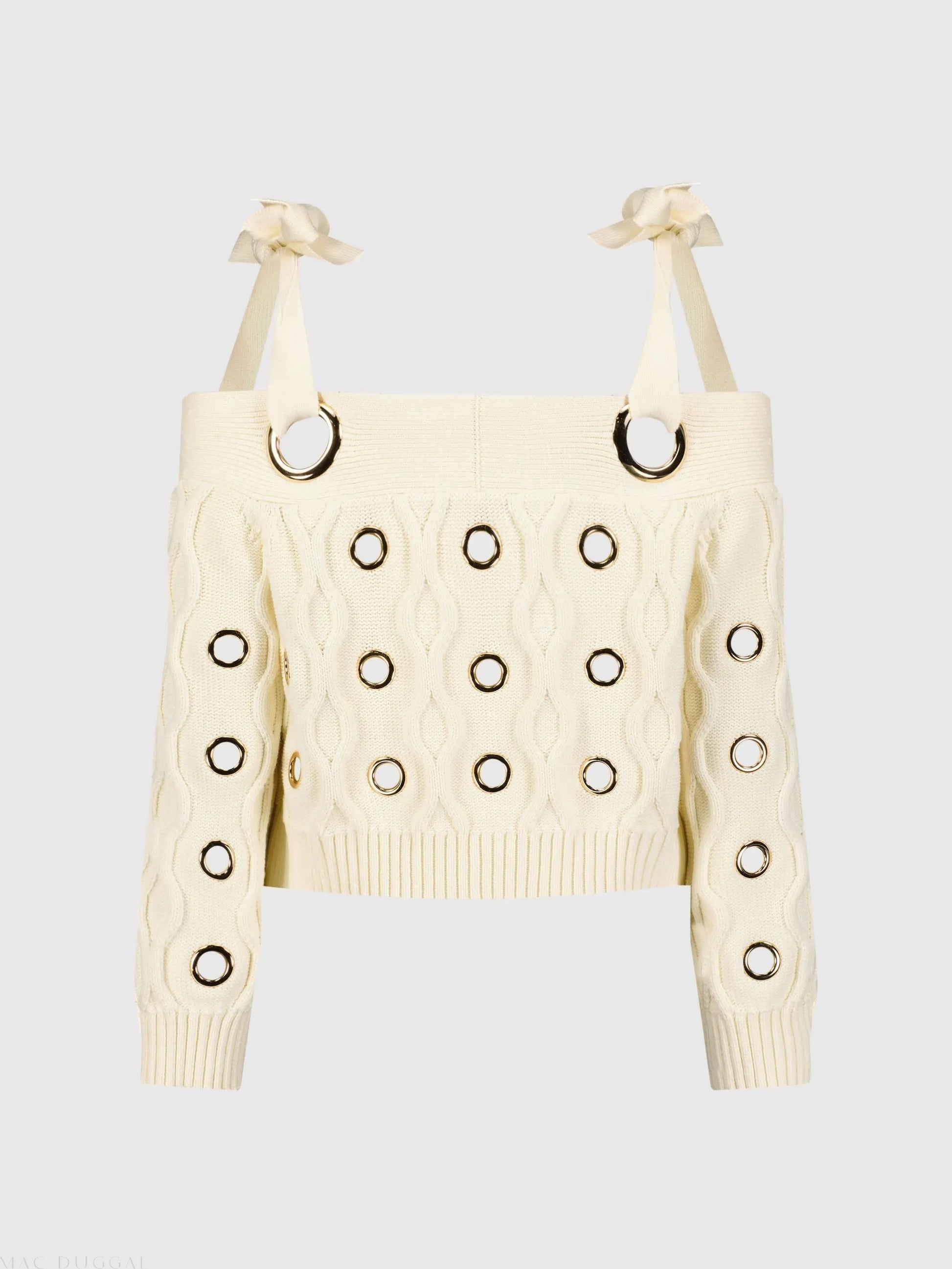 Ivory Chunky Knit Off The Shoulder Grommet Cropped Sweater - Mac Duggal