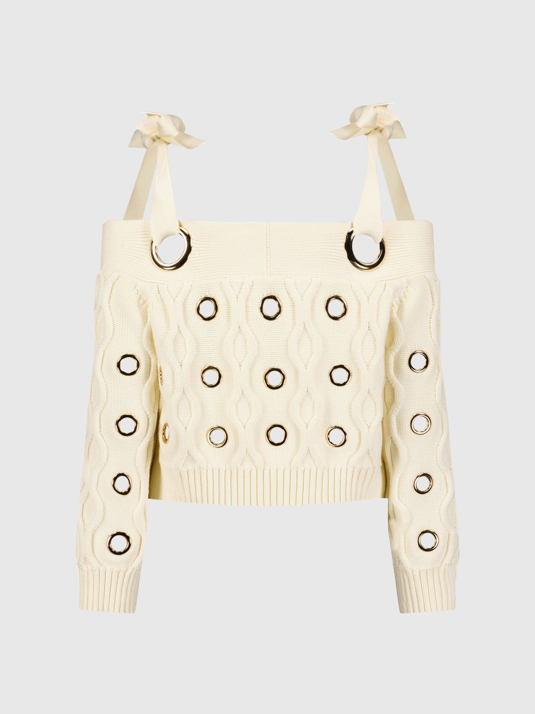 Ivory Chunky Knit Off The Shoulder Grommet Cropped Sweater