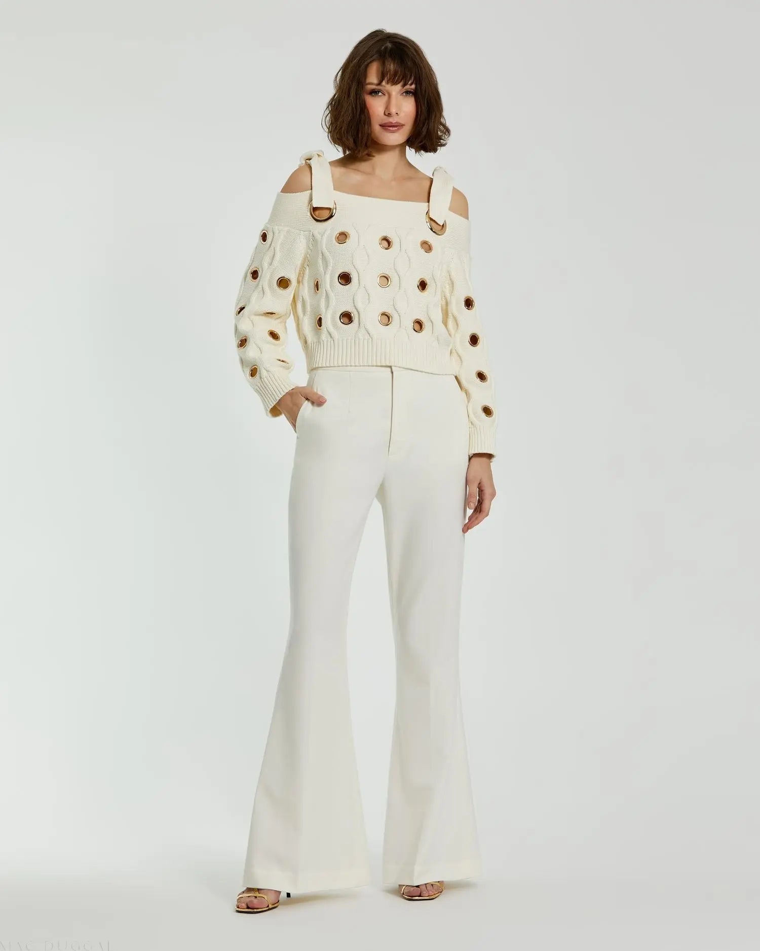 Ivory Chunky Knit Off The Shoulder Grommet Cropped Sweater - Mac Duggal