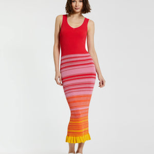 Red Striped Fitted Sleeveless Ribbed Knit Midi Tank Dress