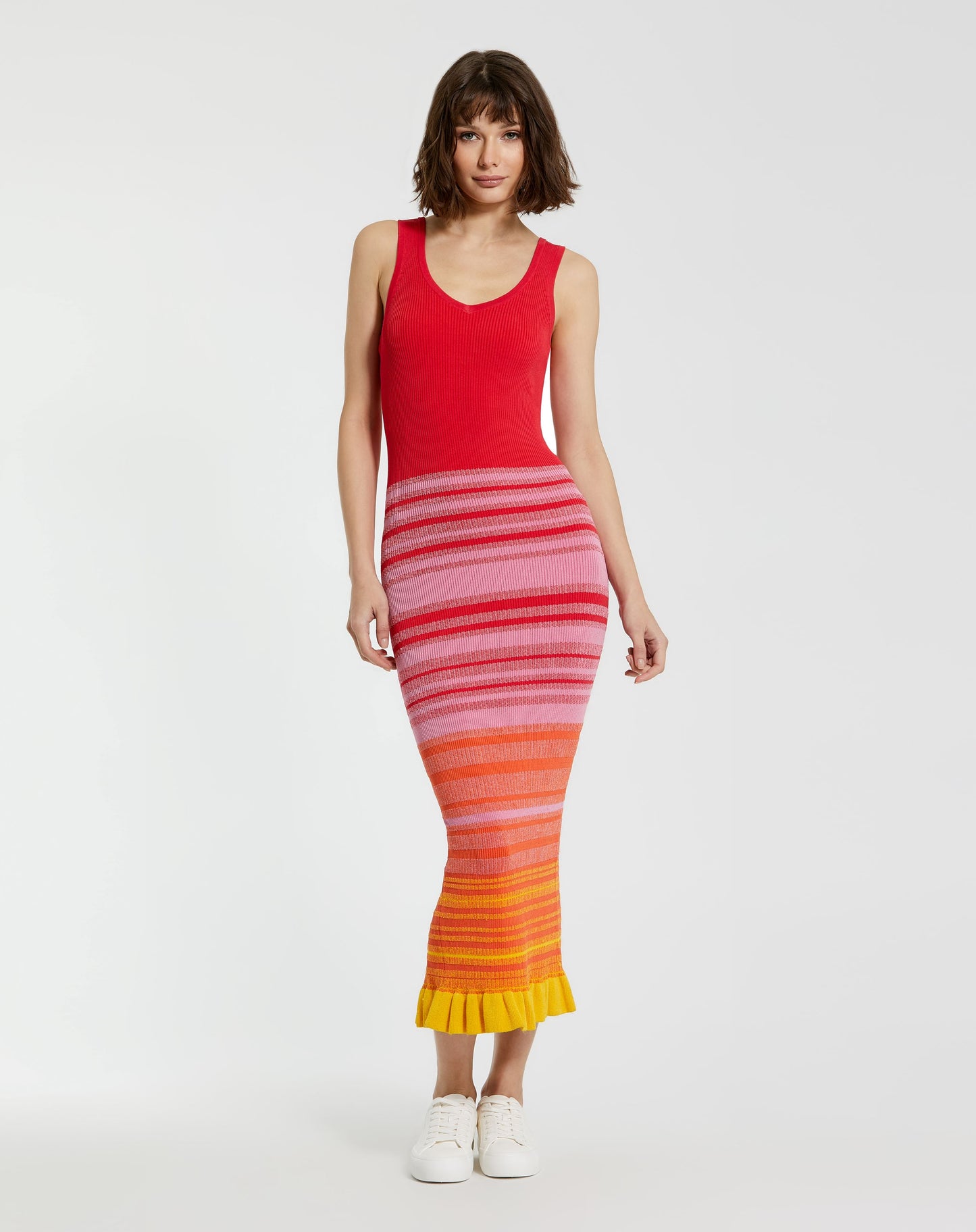 Red Striped Fitted Sleeveless Ribbed Knit Midi Tank Dress