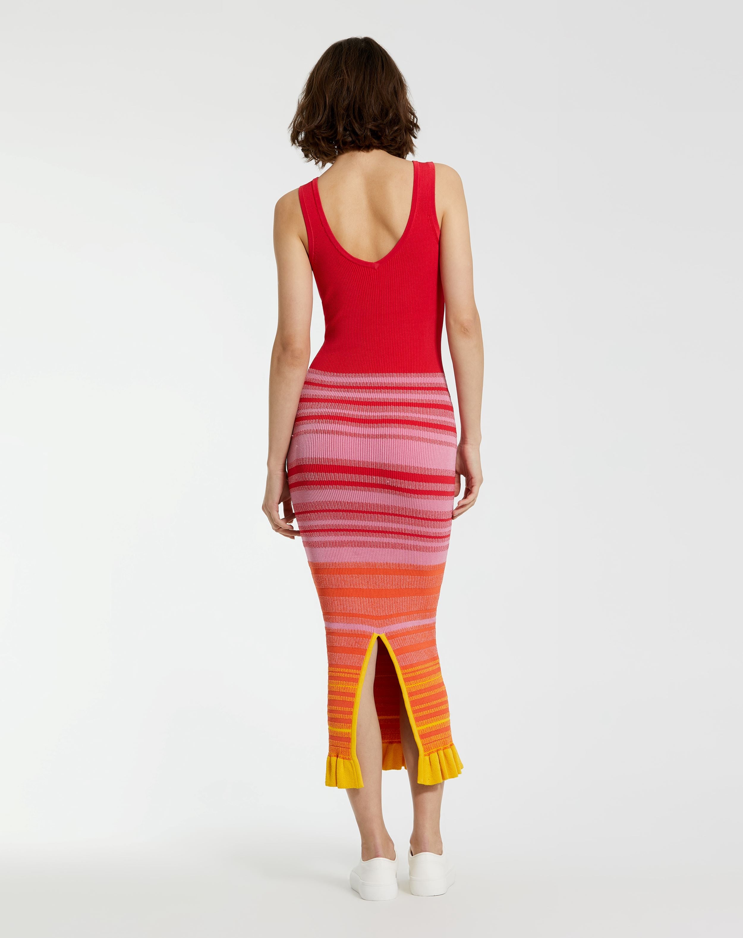 Red Striped Fitted Sleeveless Ribbed Knit Midi Tank Dress