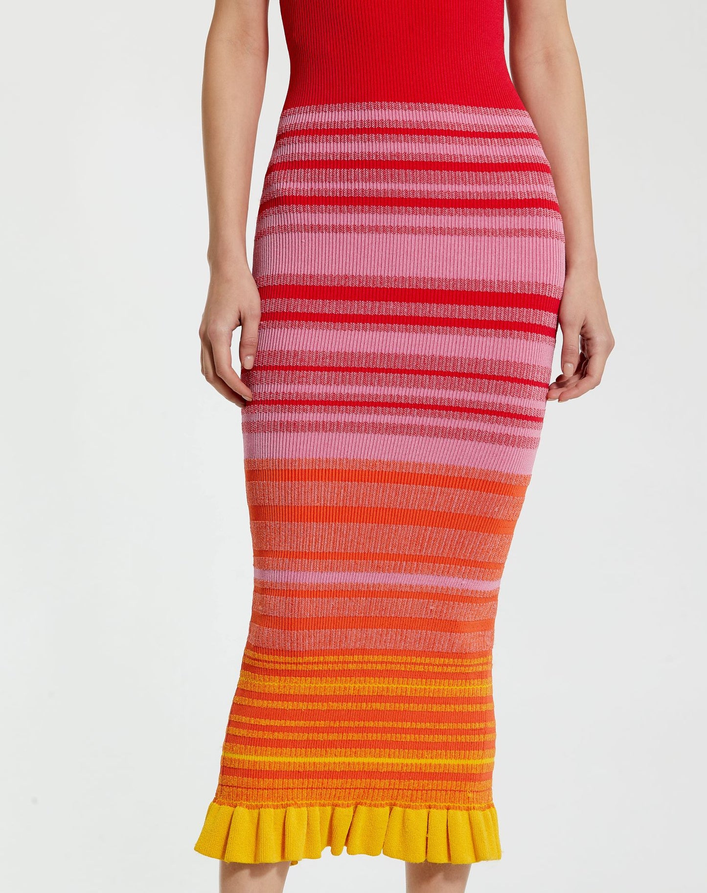 Red Striped Fitted Sleeveless Ribbed Knit Midi Tank Dress