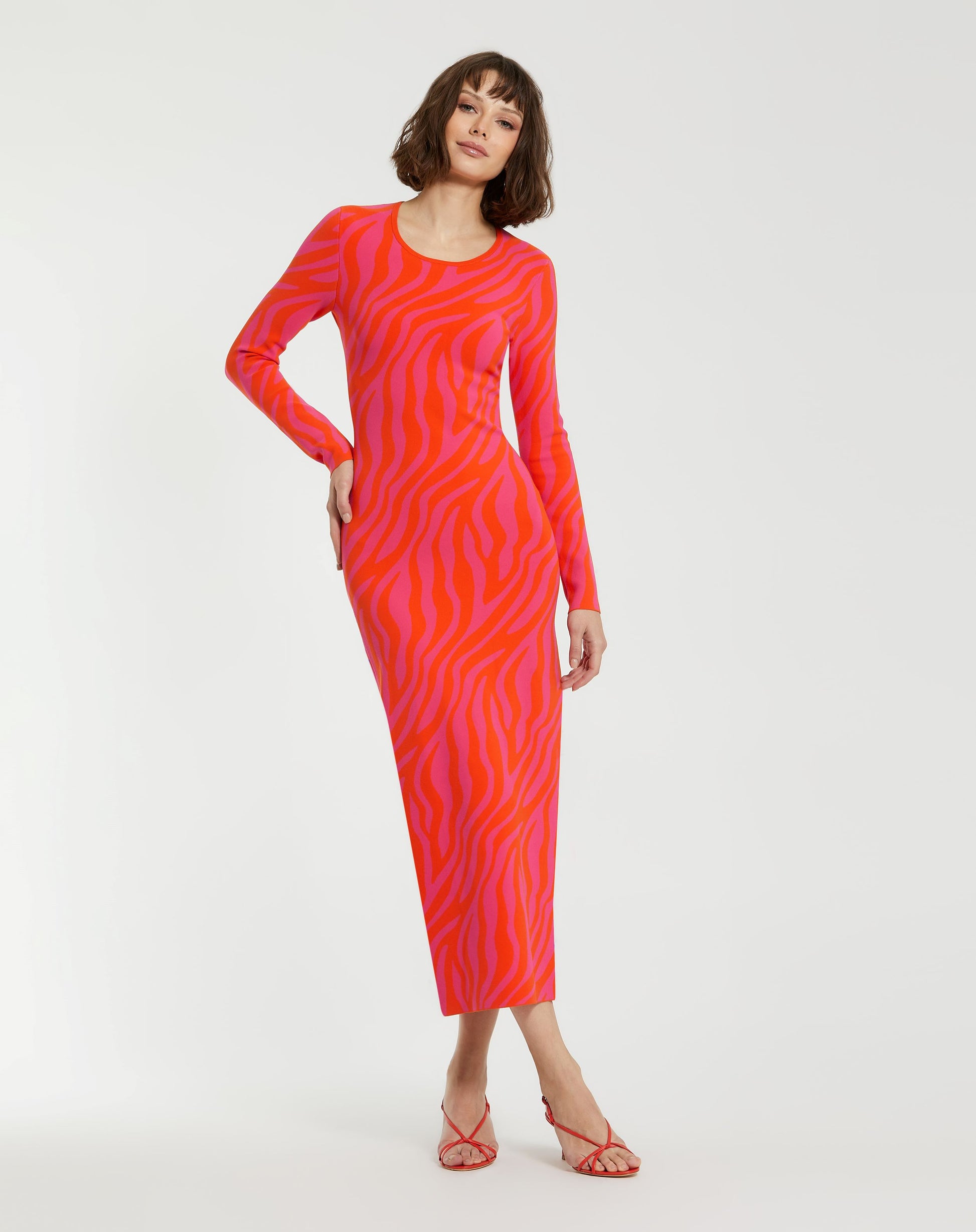 Fitted Long Sleeve Zebra Print Knit Maxi Dress