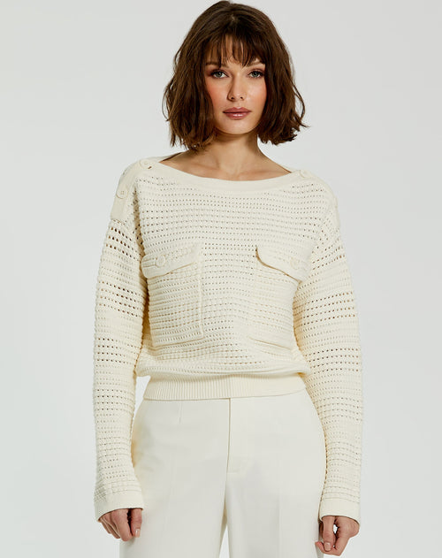 Long Sleeve Crochet Knit Crew Neck Sweater With Pockets