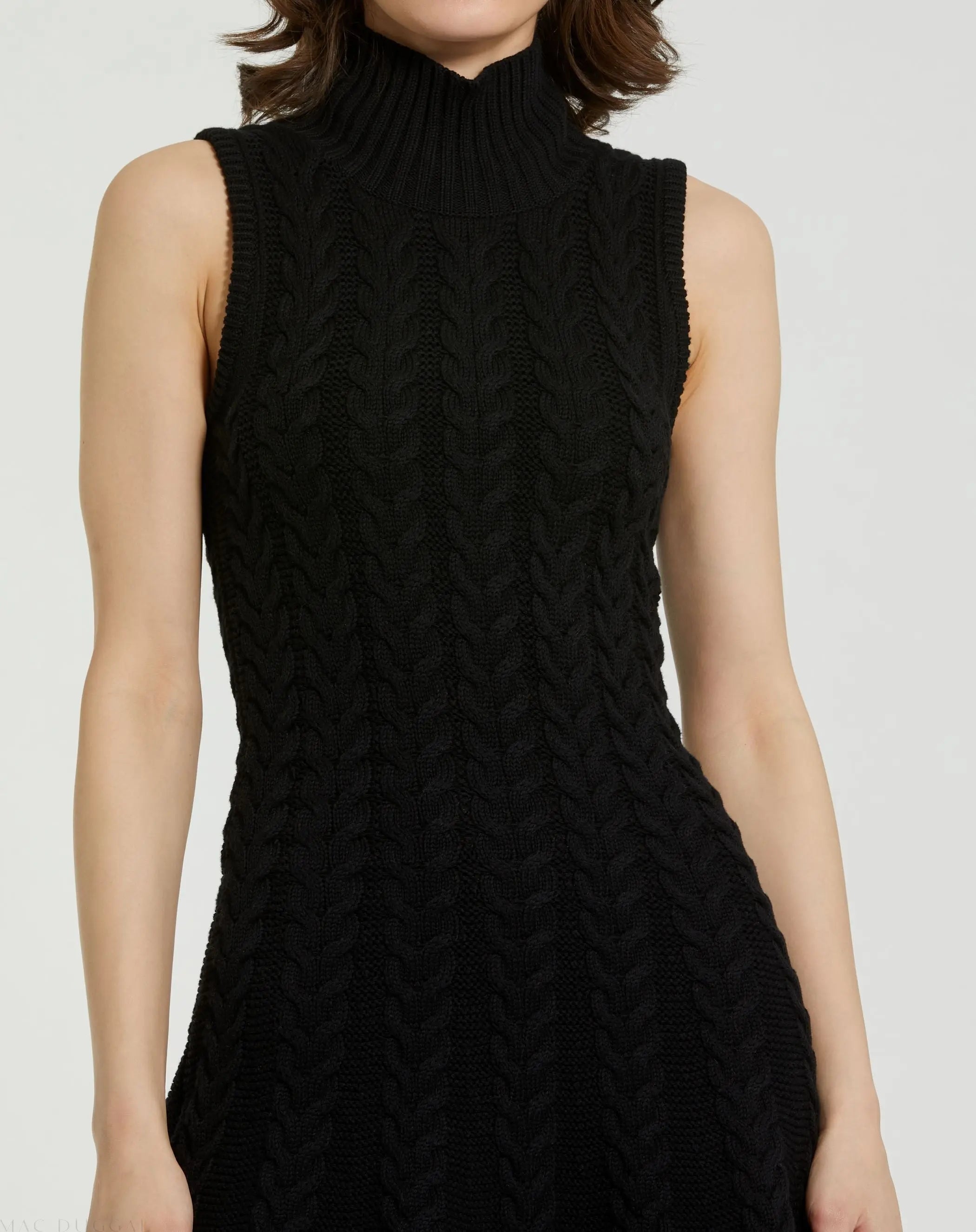 Black Cable Knit Turtle Neck Sleeveless Mini Sweater Knit Dress - Mac Duggal