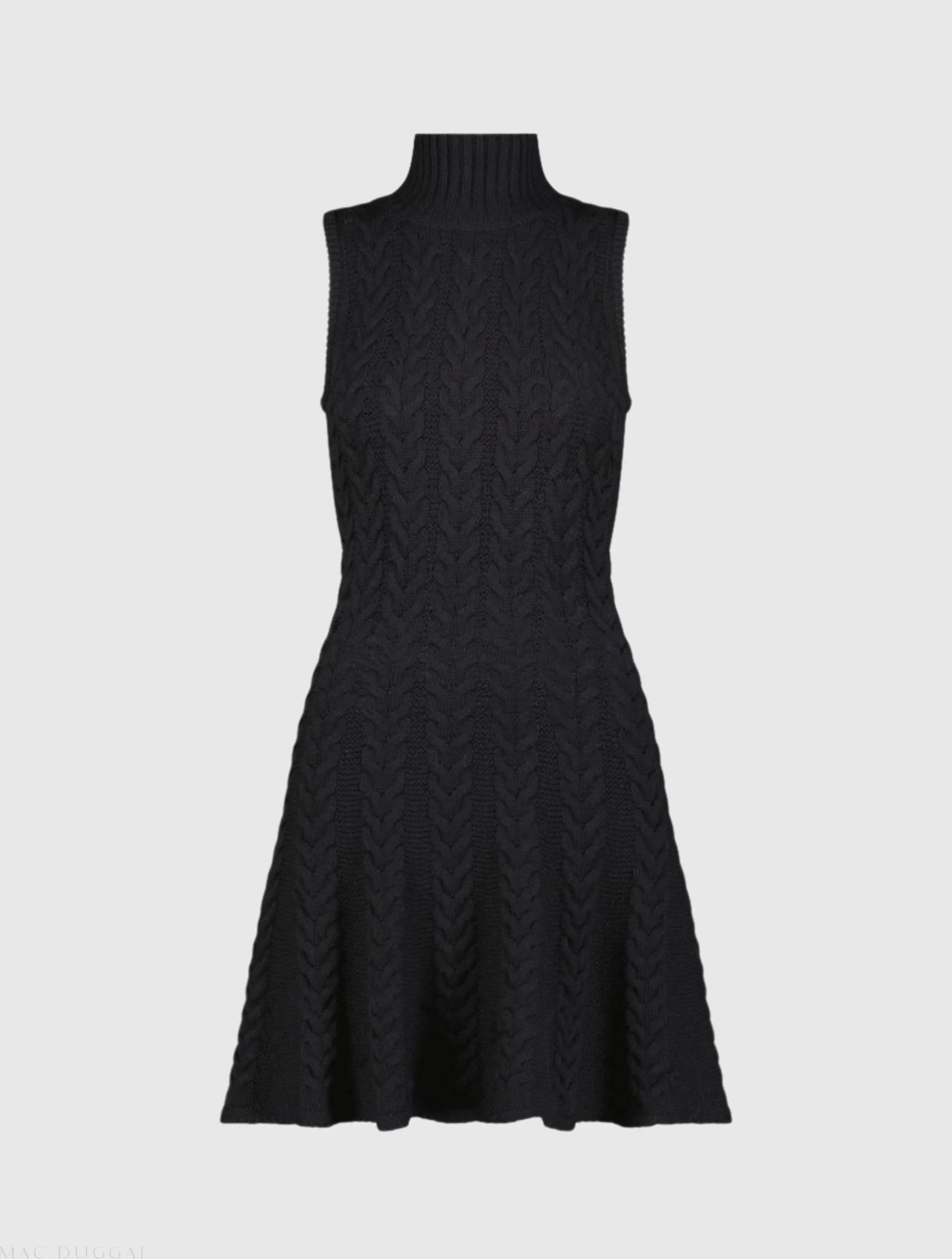 Black Cable Knit Turtle Neck Sleeveless Mini Sweater Knit Dress - Mac Mac Duggal Black Cable Knit Turtle Neck Sleeveless Mini Sweater Knit Dress - Mac Mac Duggal