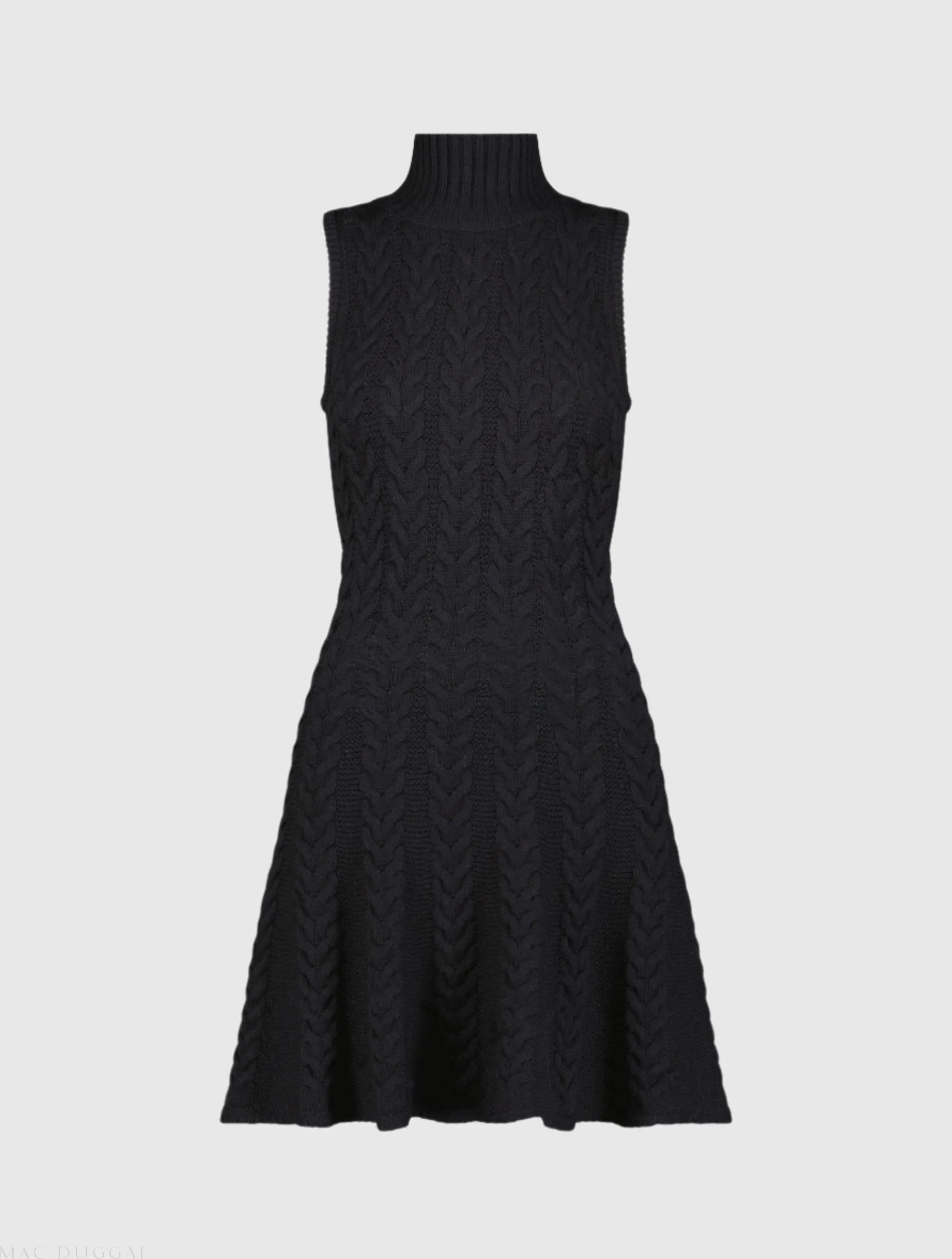 Black Cable Knit Turtle Neck Sleeveless Mini Sweater Knit Dress - Mac Duggal