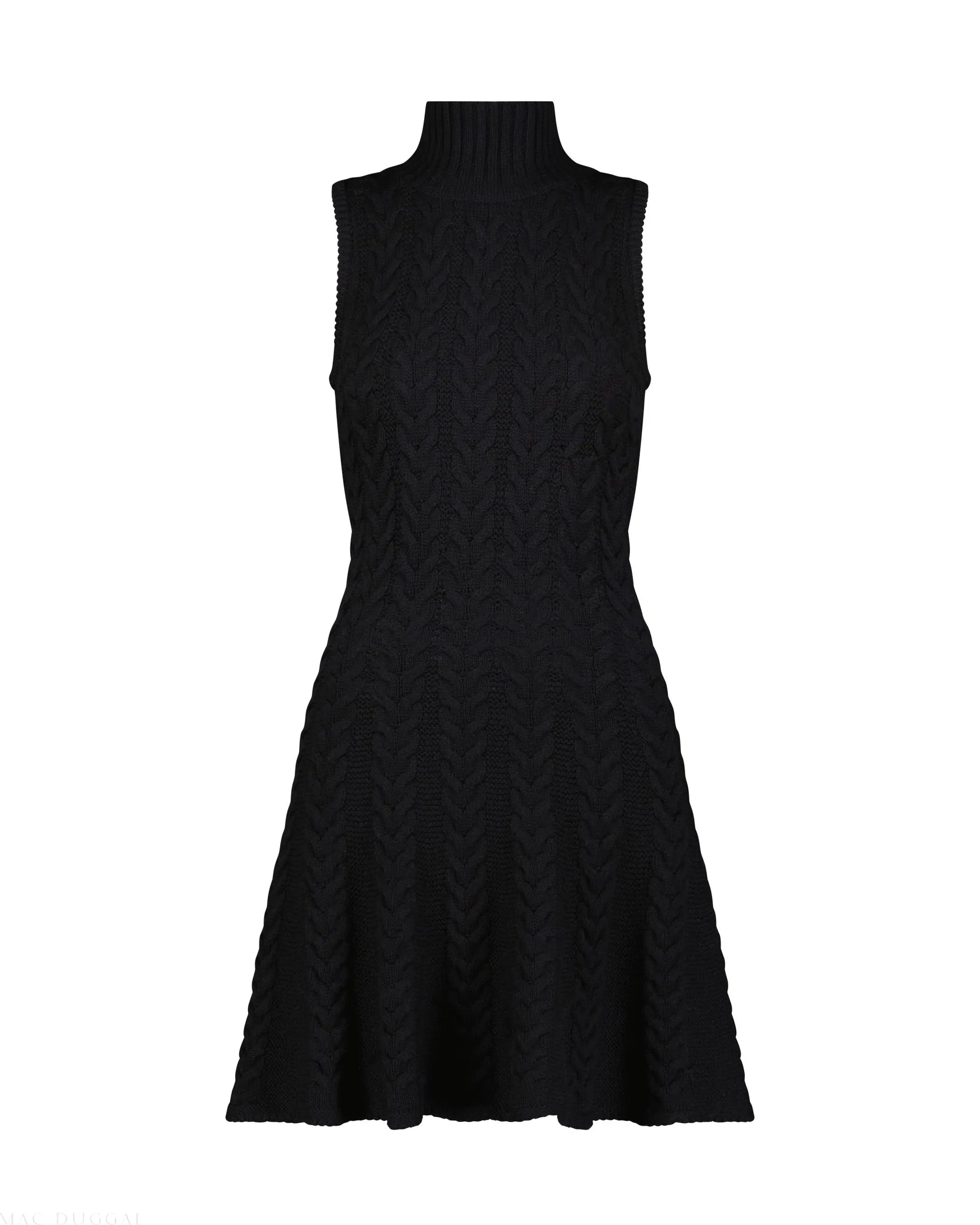 Black Cable Knit Turtle Neck Sleeveless Mini Sweater Knit Dress - Mac Mac Duggal Black Cable Knit Turtle Neck Sleeveless Mini Sweater Knit Dress - Mac Mac Duggal