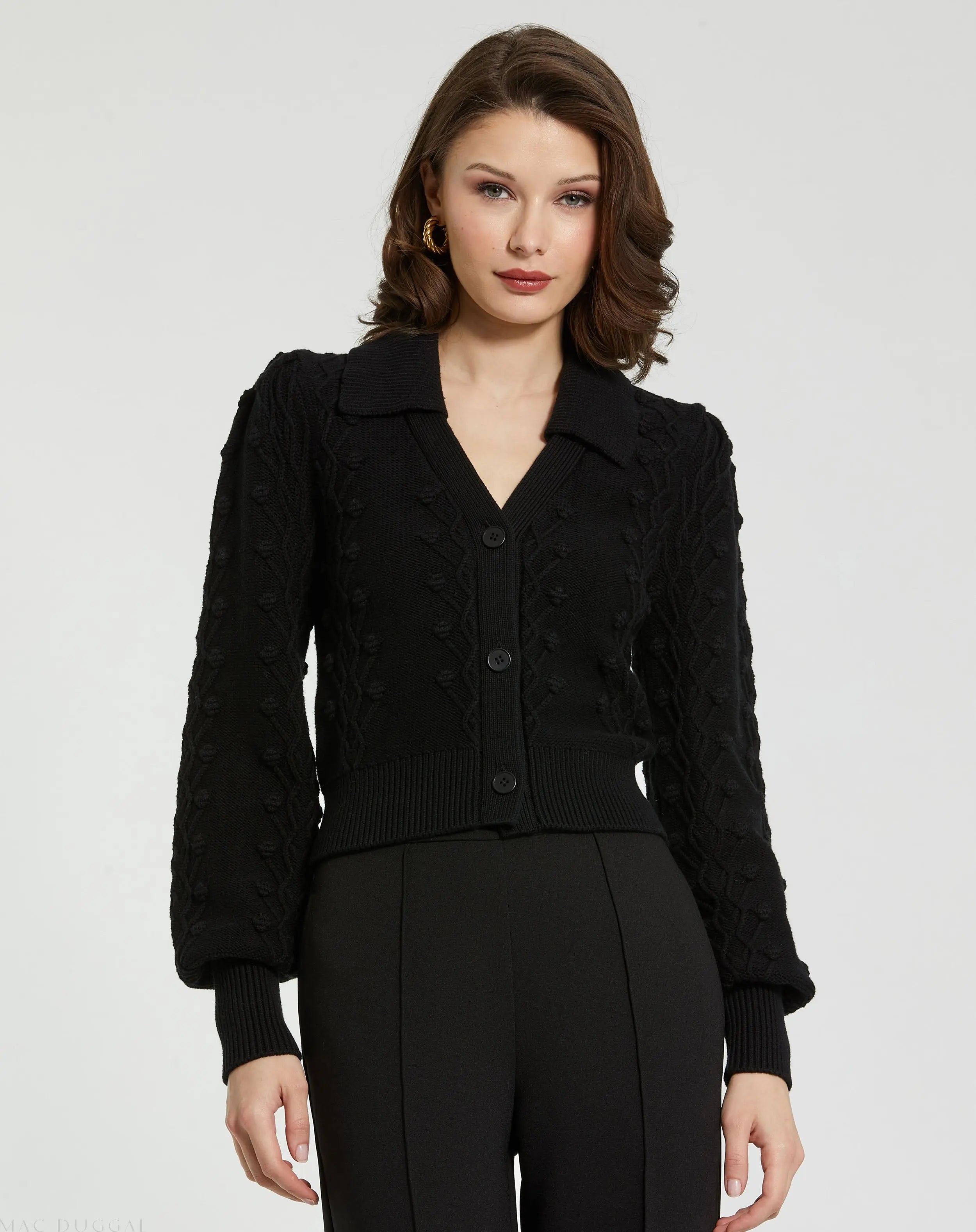 Cropped Bobble Cable Knit Button Up Cardigan Sweater - Mac Duggal