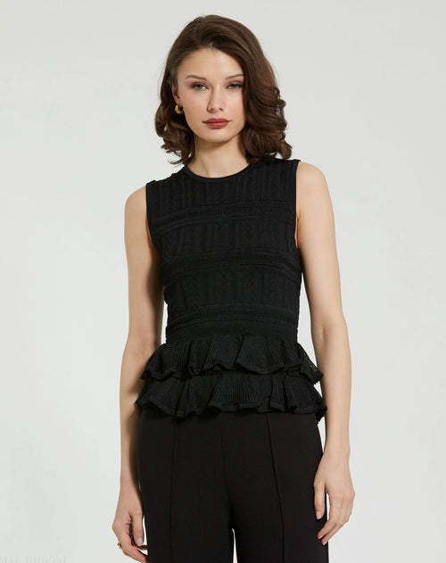 Black Sleeveless High Neck Knit Top With Ruffle Hem - FINAL SALE - Mac Duggal