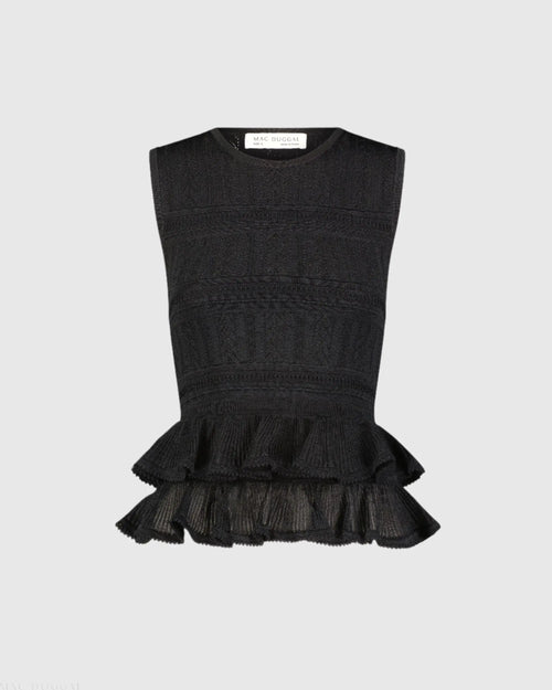 Black Sleeveless High Neck Knit Top With Ruffle Hem - FINAL SALE - Mac Duggal