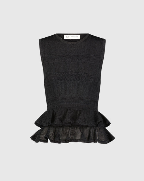 Sleeveless High Neck Knit Top With Ruffle Hem