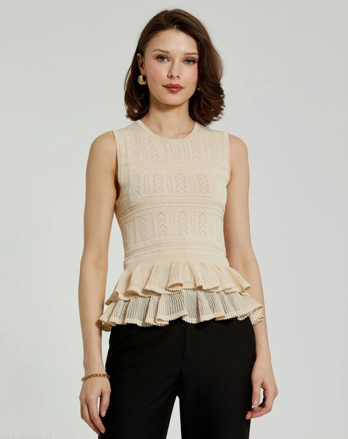 Beige Sleeveless High Neck Knit Top With Ruffle Hem - Mac Duggal