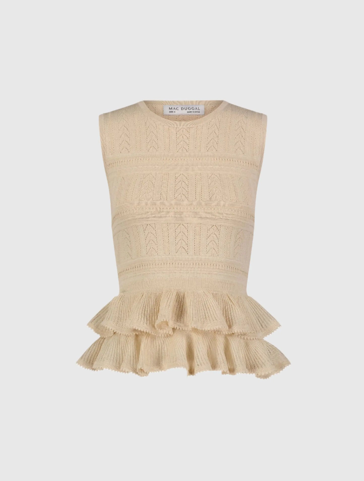 Beige Sleeveless High Neck Knit Top With Ruffle Hem - Mac Duggal