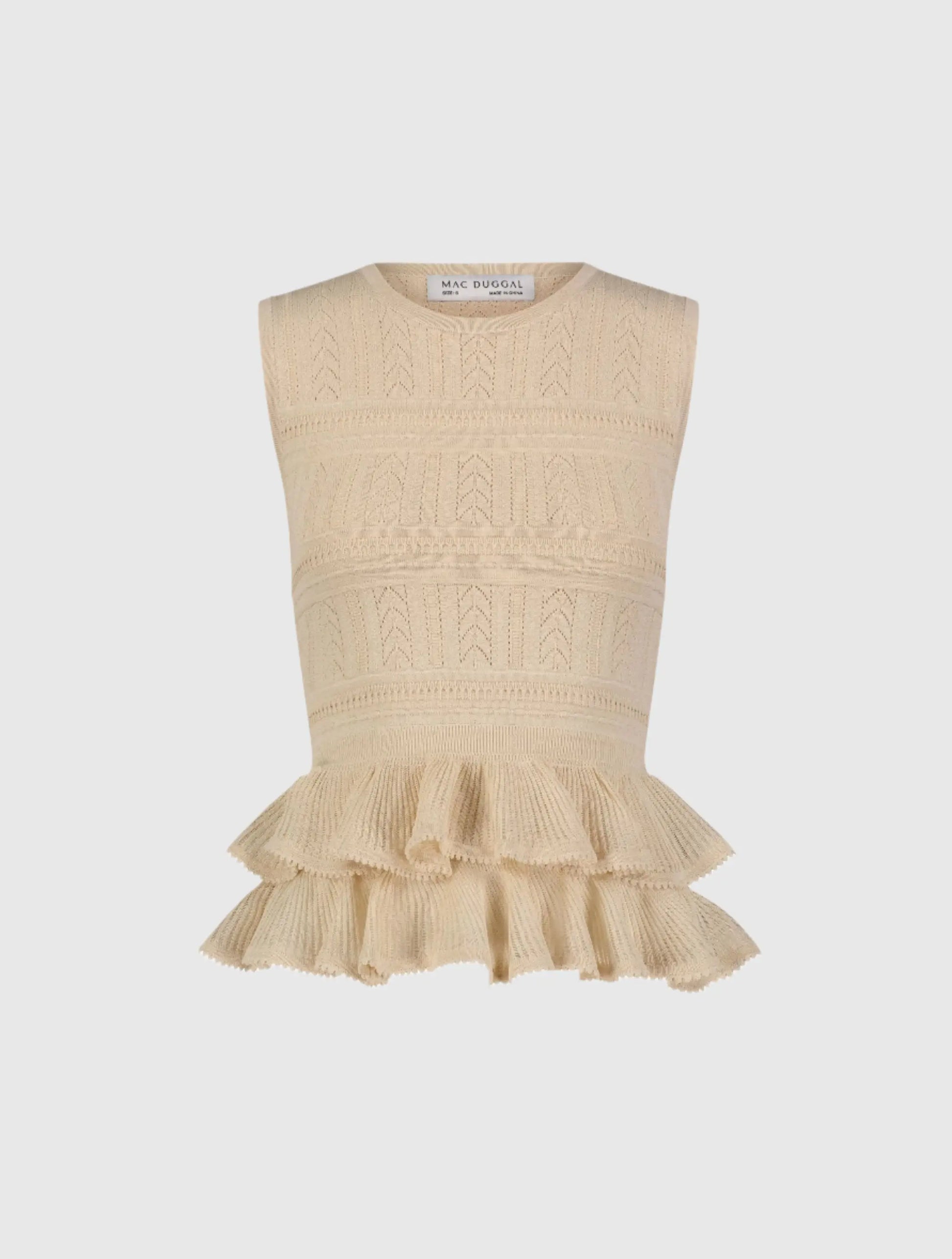 Beige Sleeveless High Neck Knit Top With Ruffle Hem - Mac Duggal