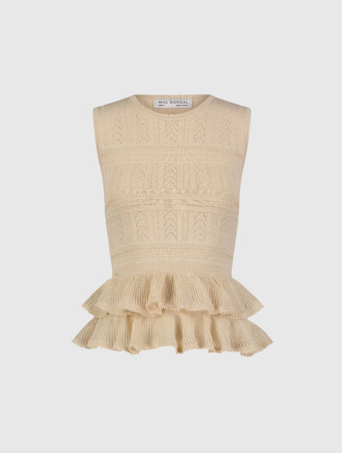 Beige Sleeveless High Neck Knit Top With Ruffle Hem - Mac Duggal