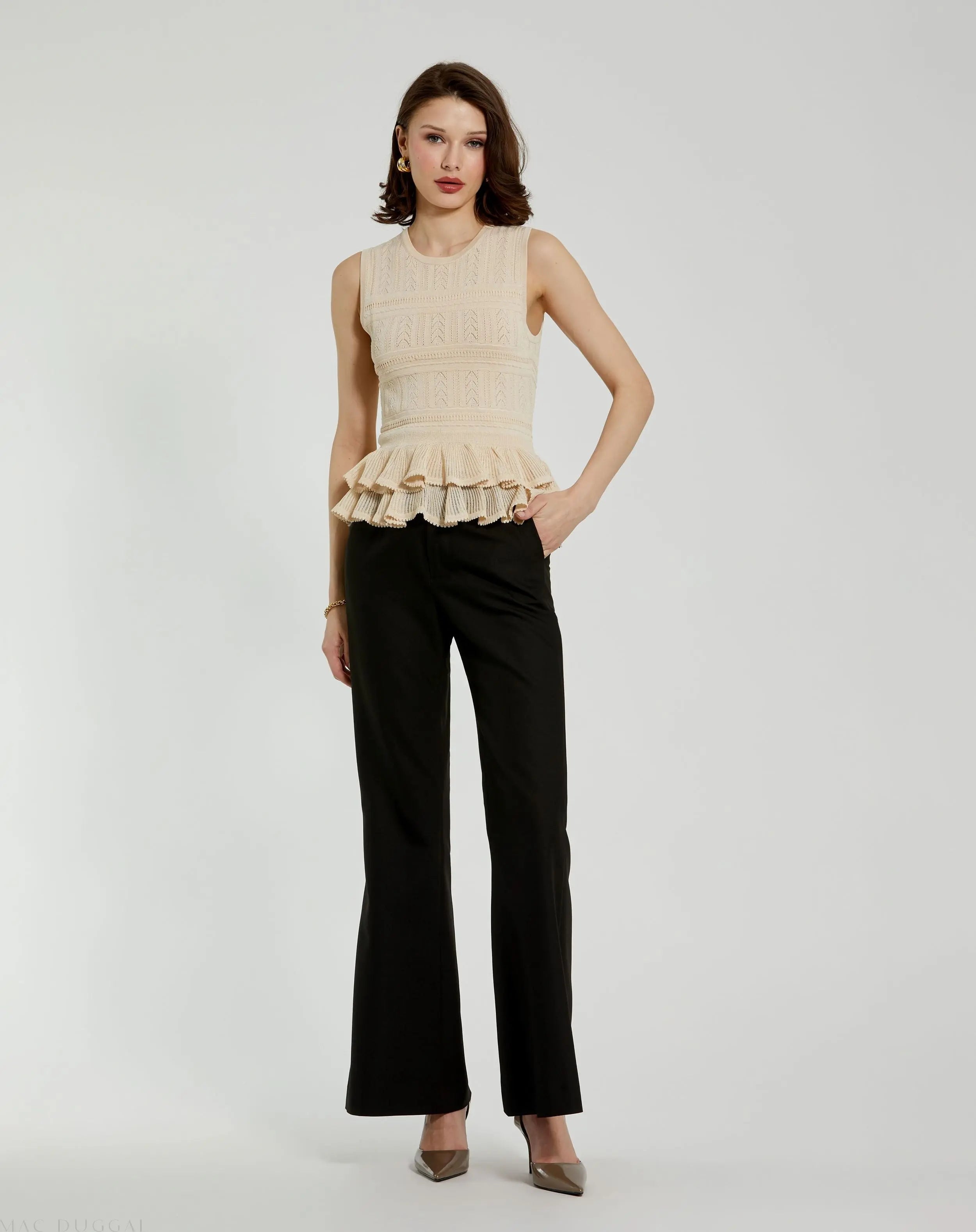 Beige Sleeveless High Neck Knit Top With Ruffle Hem - Mac Duggal