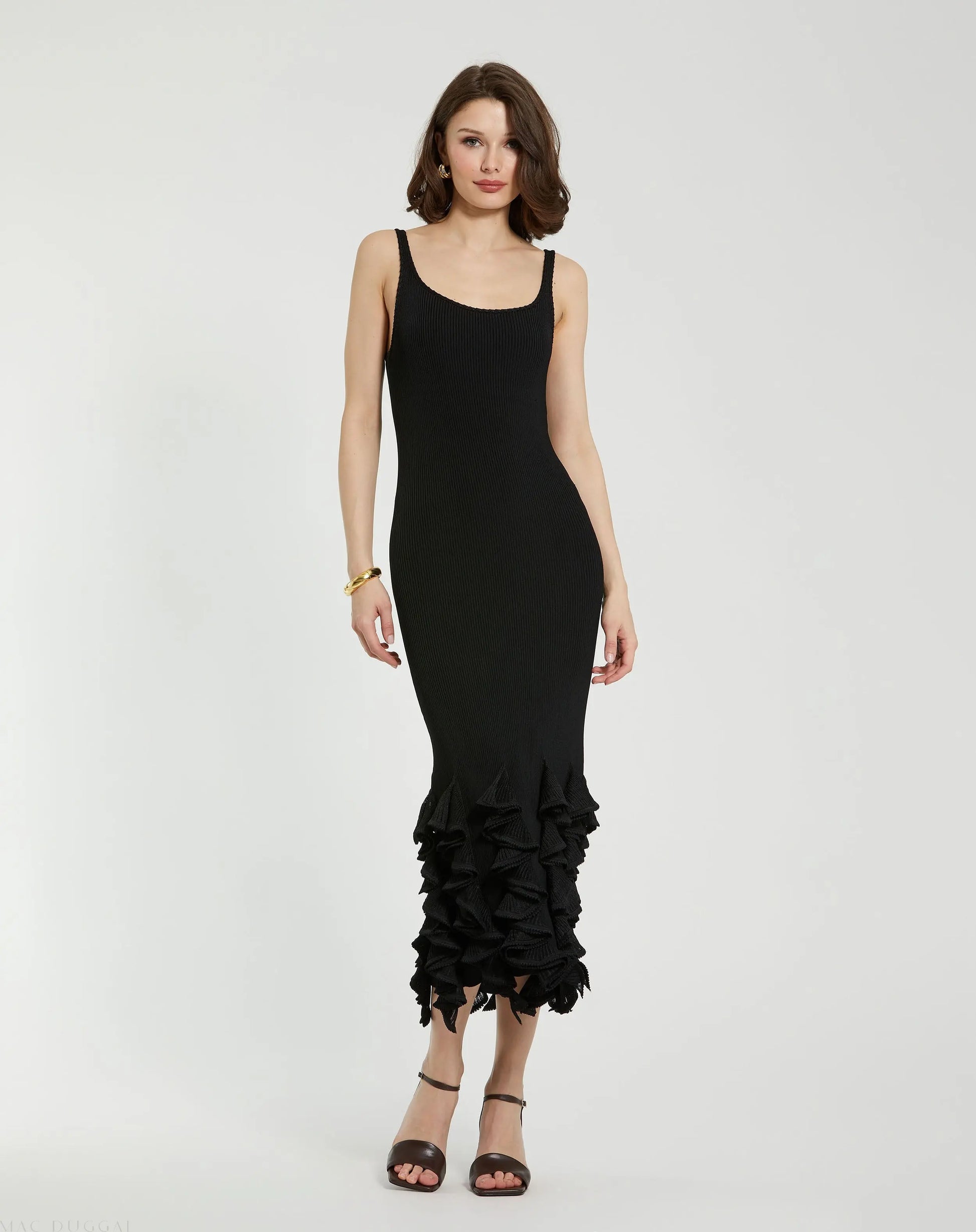 Black Rib Knit Sleeveless Midi Dress With Ruffle Hem - Mac Duggal Black Rib Knit Sleeveless Midi Dress With Ruffle Hem - Mac Duggal