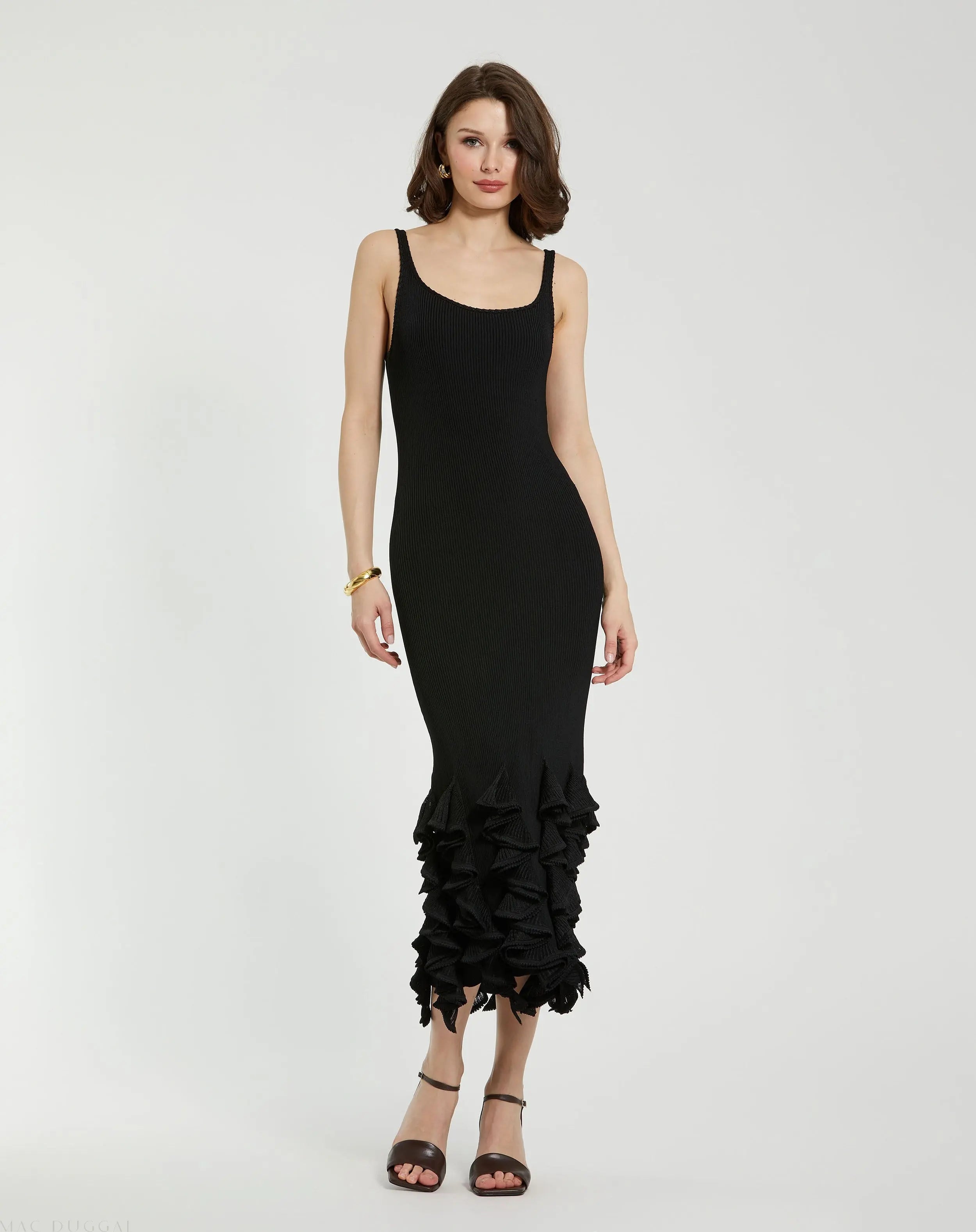 Black Rib Knit Sleeveless Midi Dress With Ruffle Hem - Mac Duggal