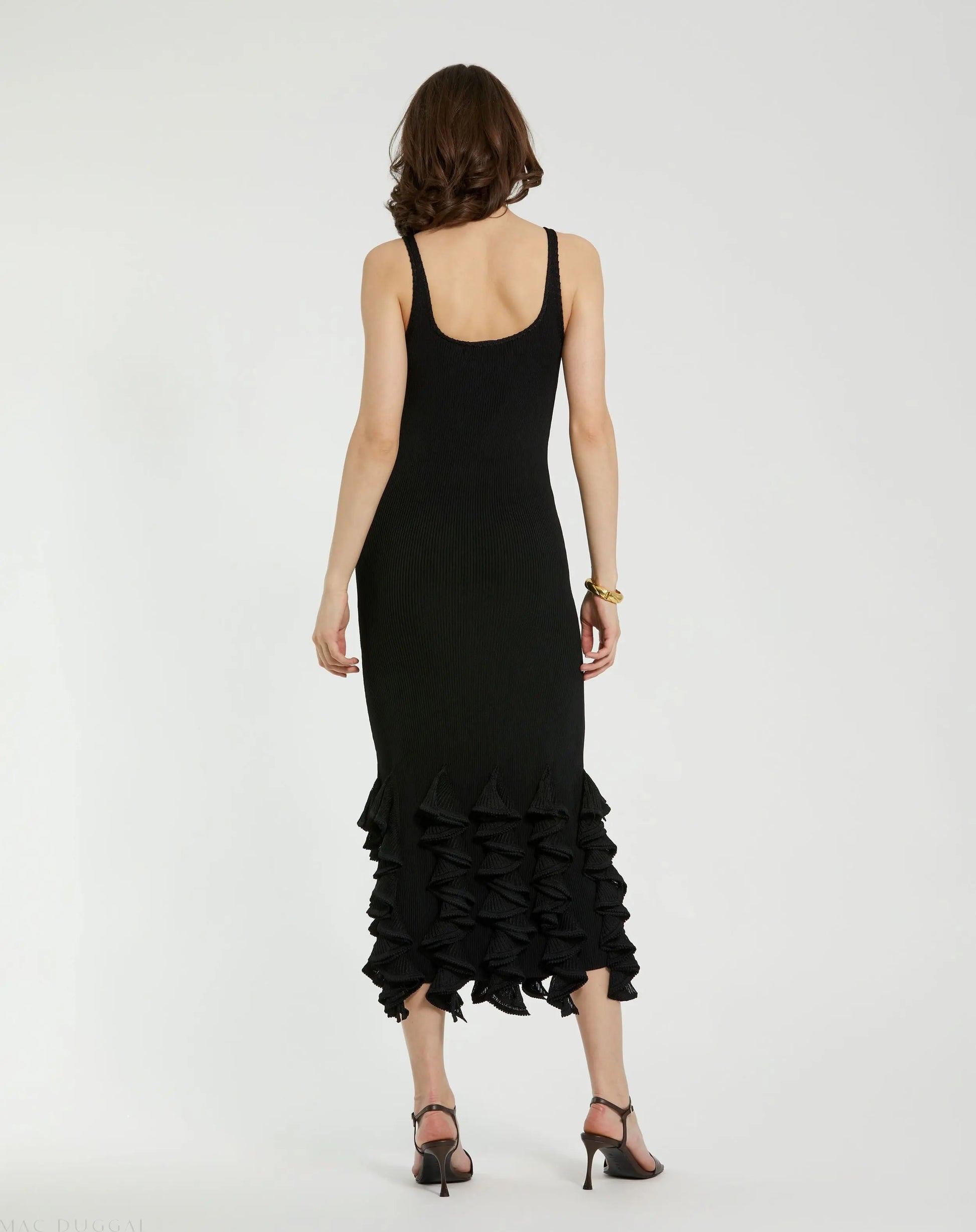 Black Rib Knit Sleeveless Midi Dress With Ruffle Hem - Mac Duggal Black Rib Knit Sleeveless Midi Dress With Ruffle Hem - Mac Duggal
