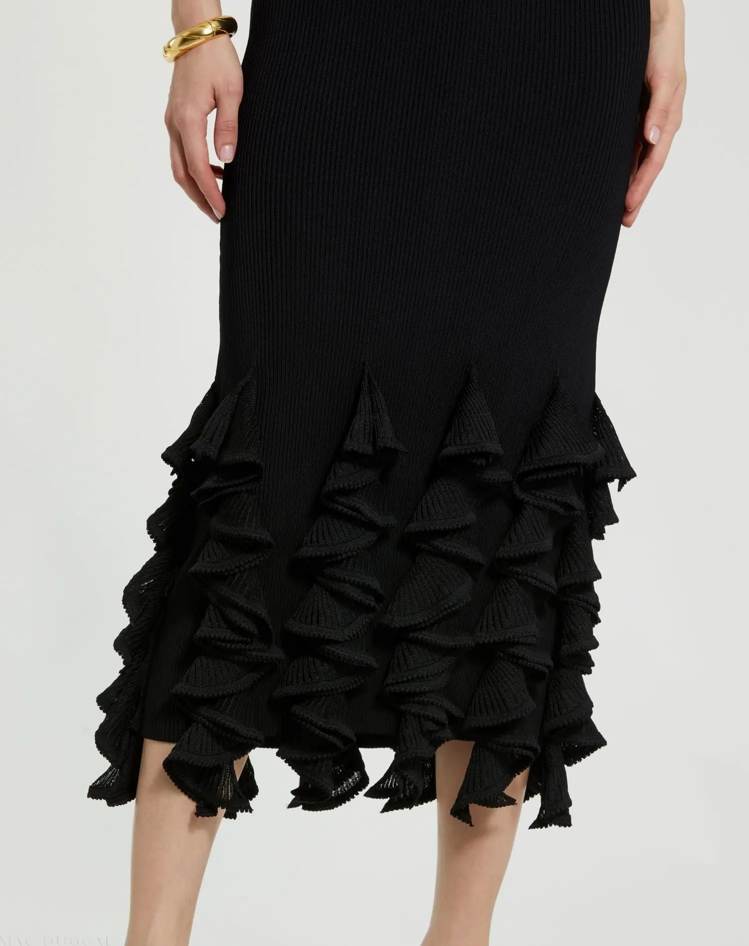 Black Rib Knit Sleeveless Midi Dress With Ruffle Hem - Mac Duggal