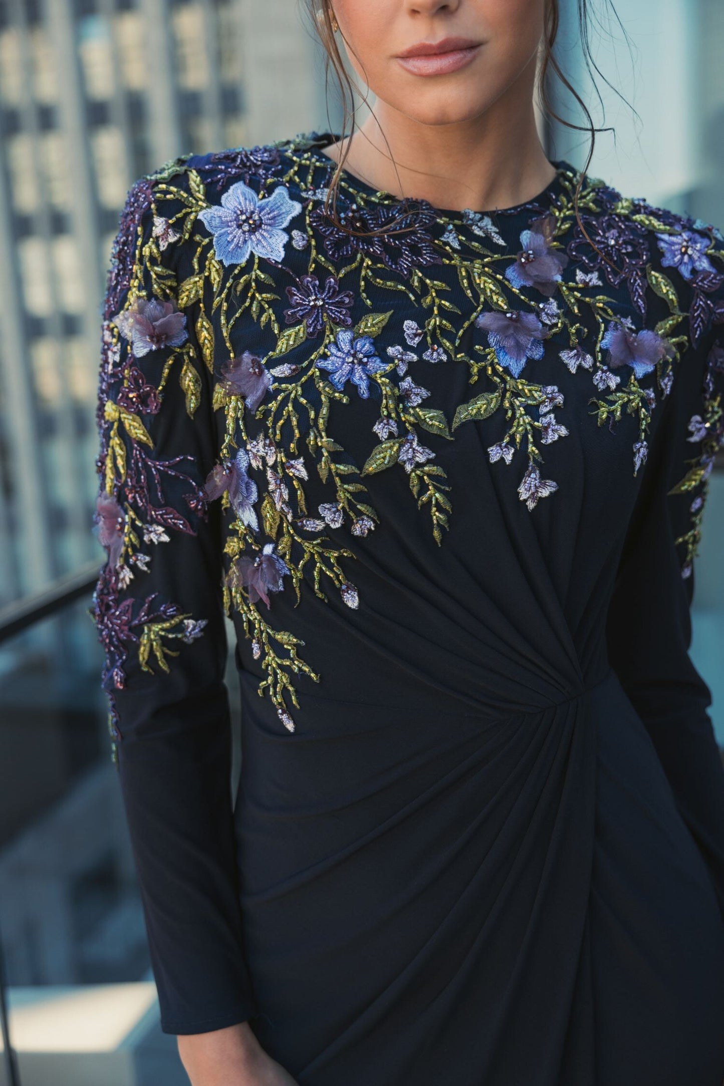 Embellished Long Sleeve Fitted Jersey Gown