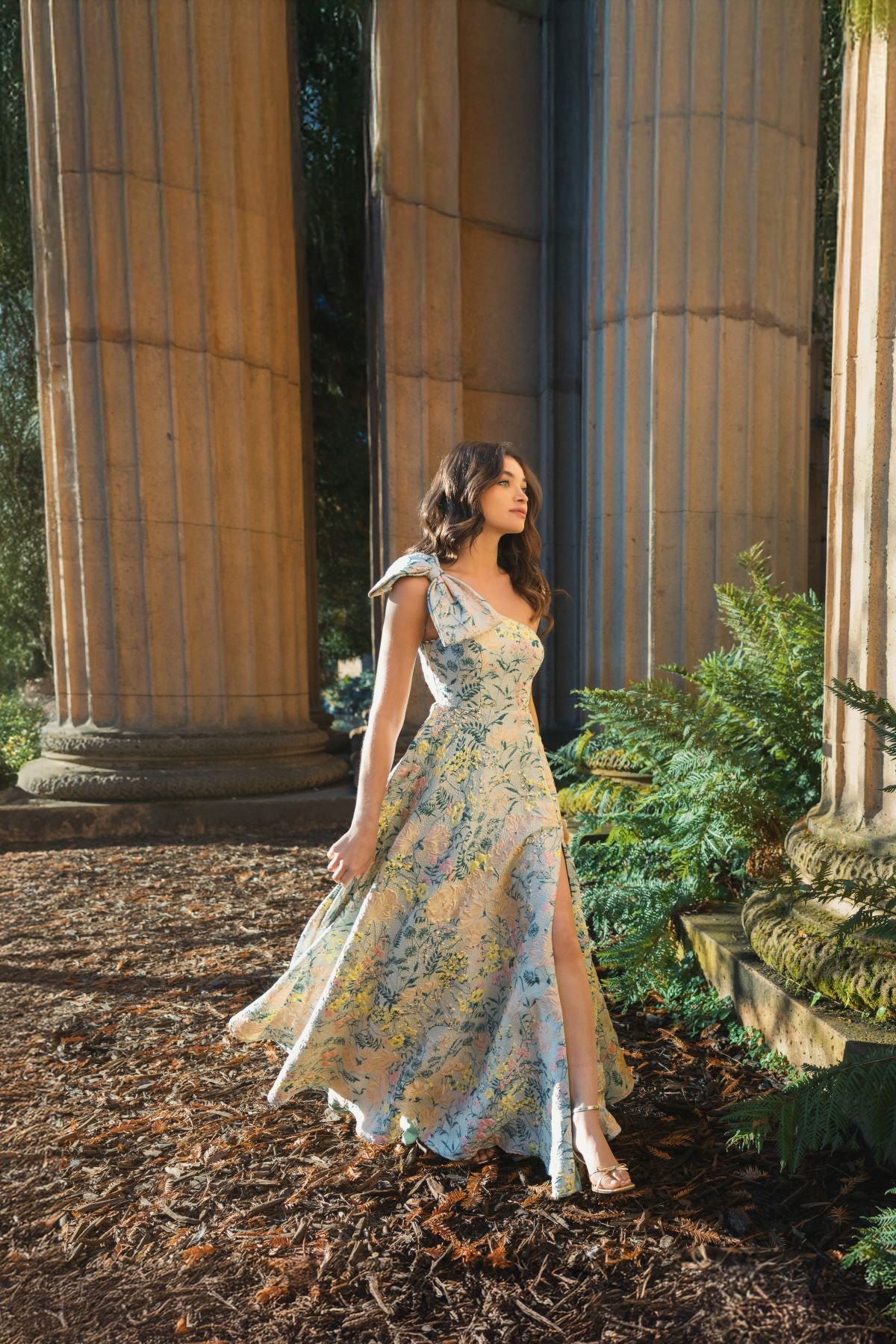 One Shoulder Brocade Gown With Bow Detail