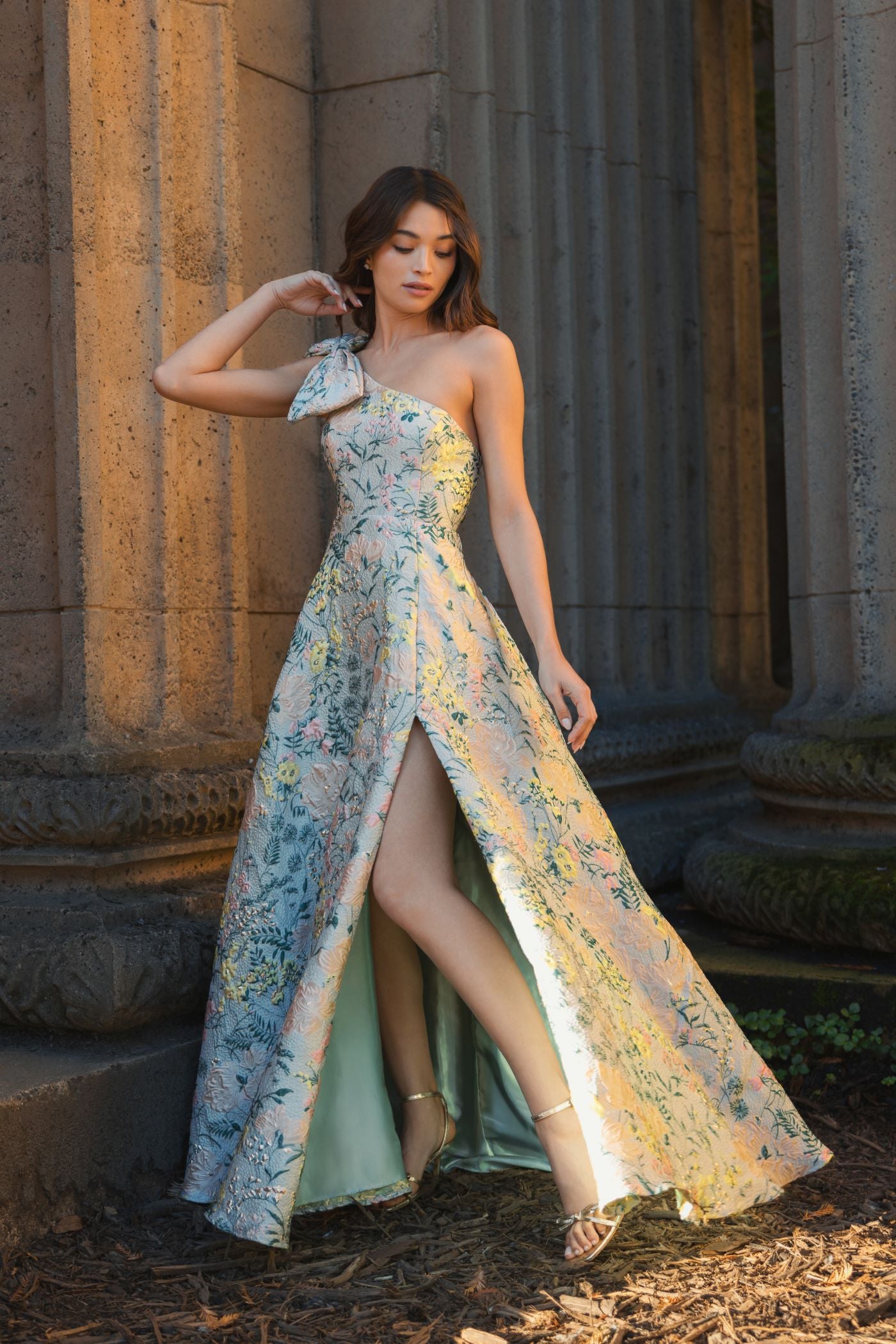 One Shoulder Brocade Gown With Bow Detail