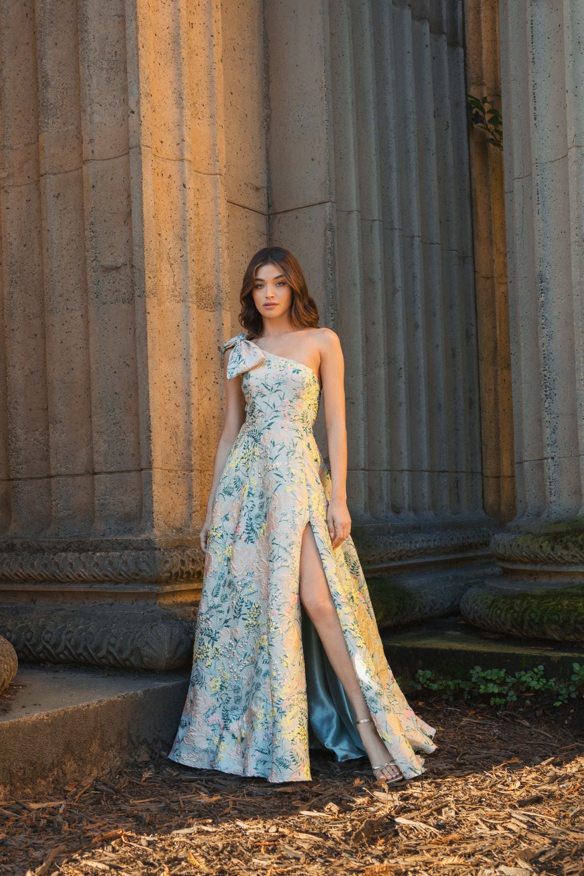 One Shoulder Brocade Gown With Bow Detail