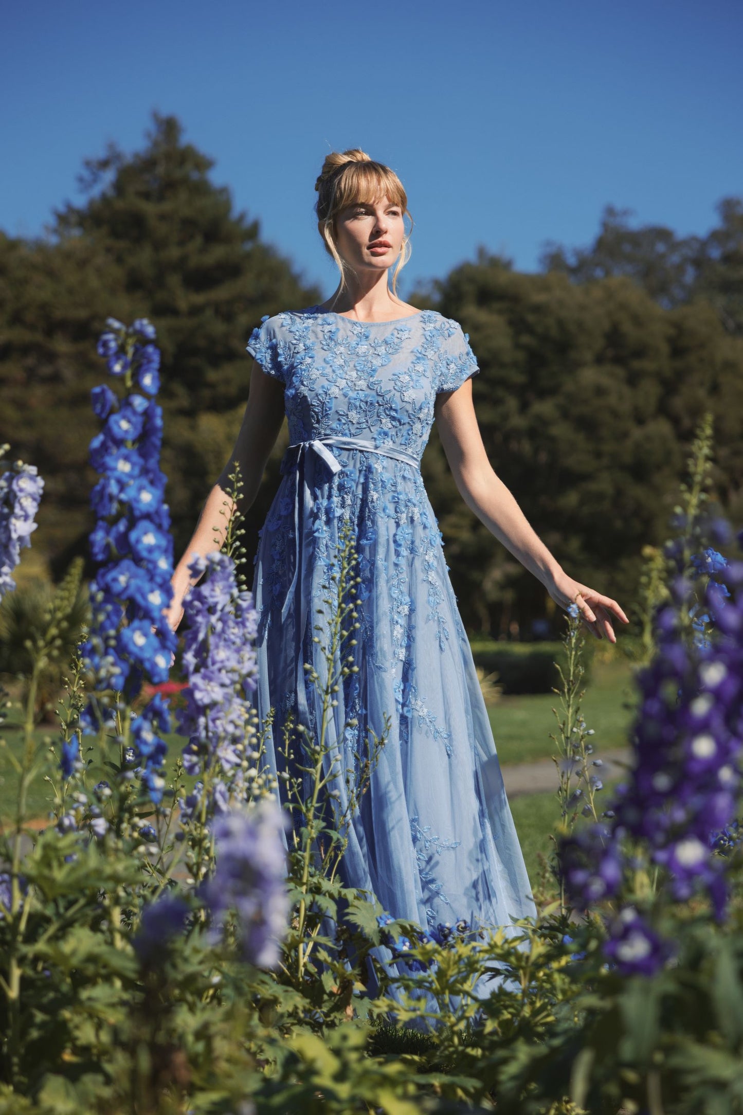 Blue Floral Embellished Short Sleeve Mesh Gown