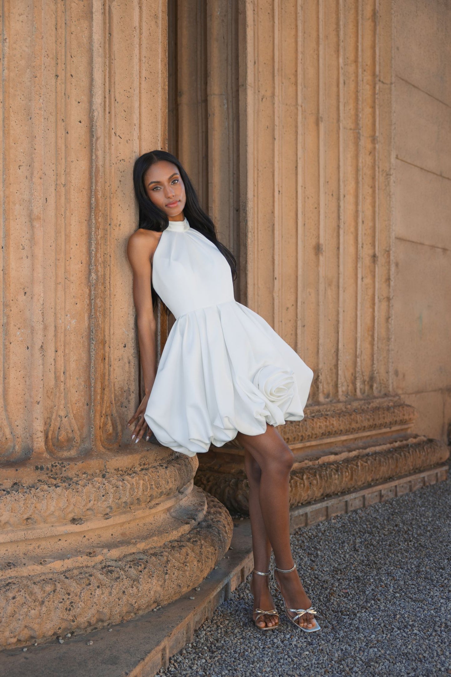 White Satin High Neck Sleeveless Bubble Hem Mini Dress