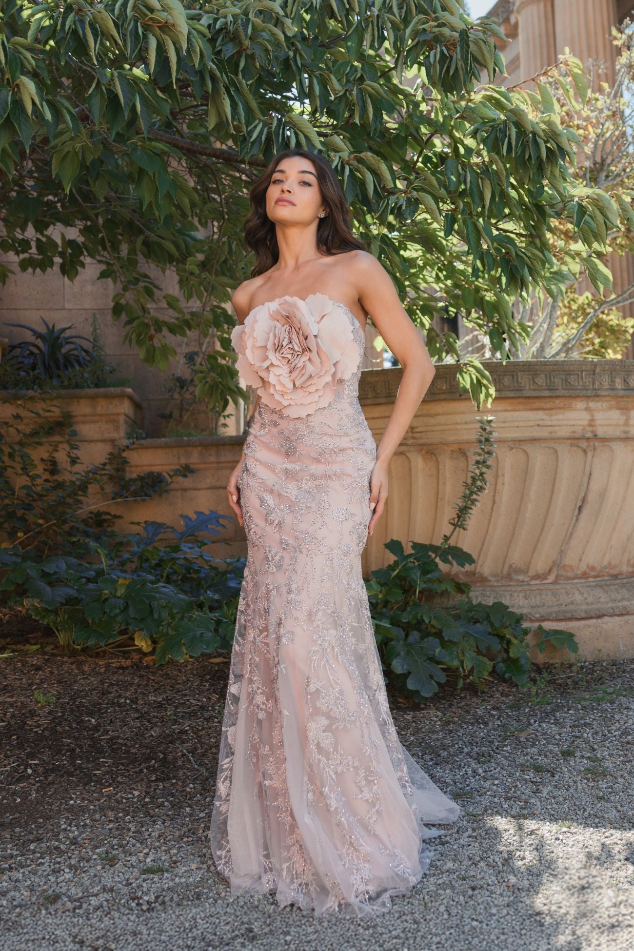 Pink Strapless Beaded Applique Mermaid Gown With Flower