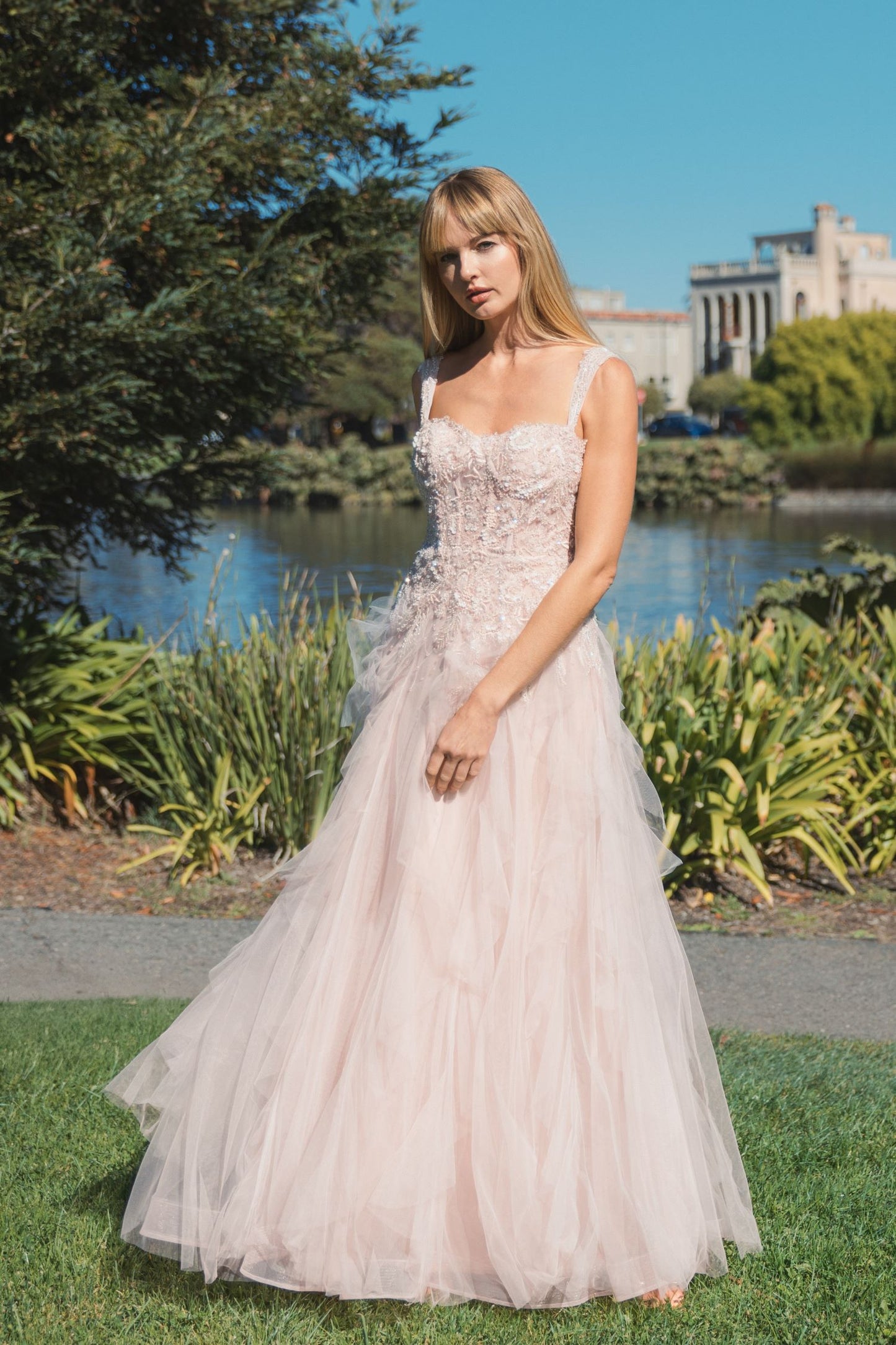 Thin Strap Bustier Tulle Gown With Ruffle Skirt