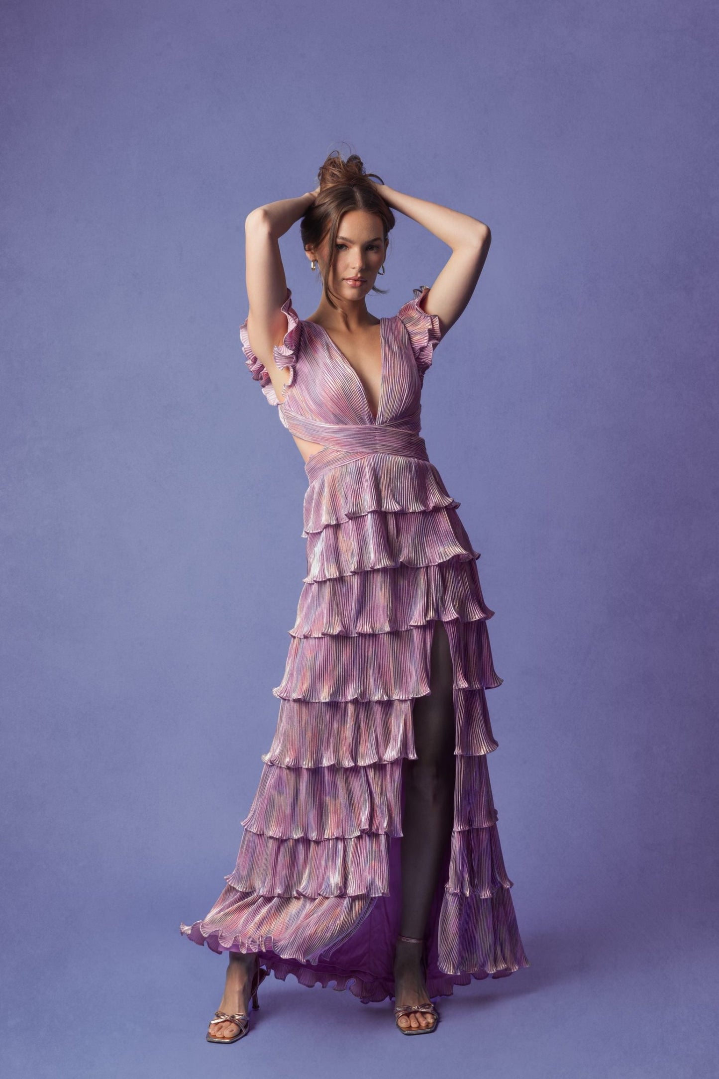 Purple Ruffle Tiered Criss Cross Lace Up Gown