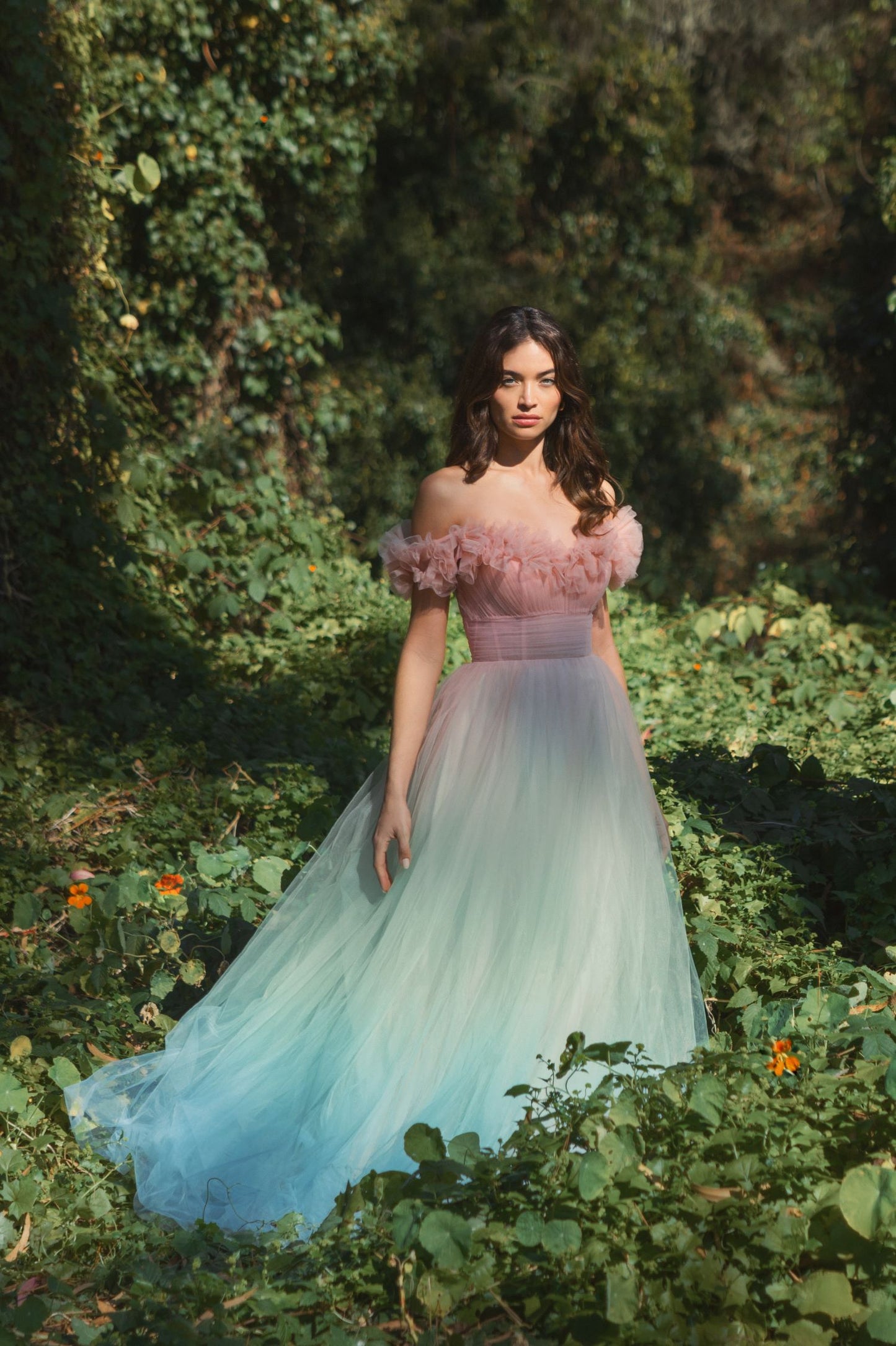 Multicolor Off The Shoulder Ombre Tulle Ballgown