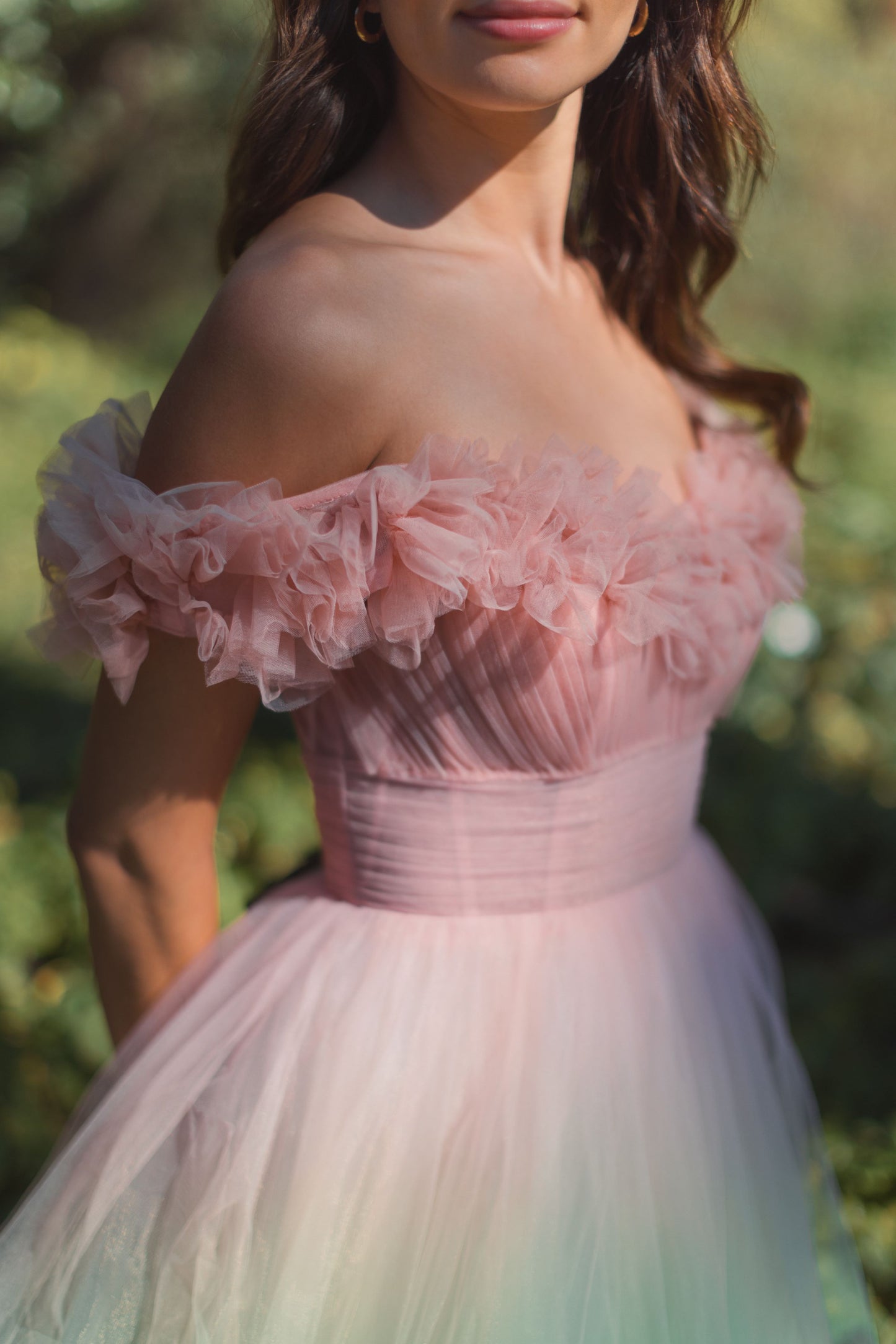 Multicolor Off The Shoulder Ombre Tulle Ballgown