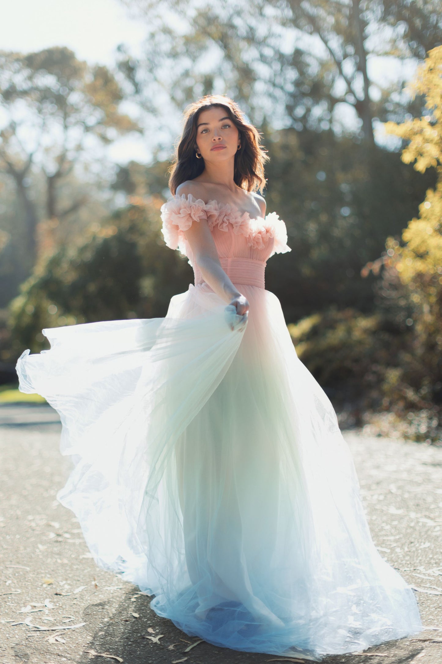 Multicolor Off The Shoulder Ombre Tulle Ballgown