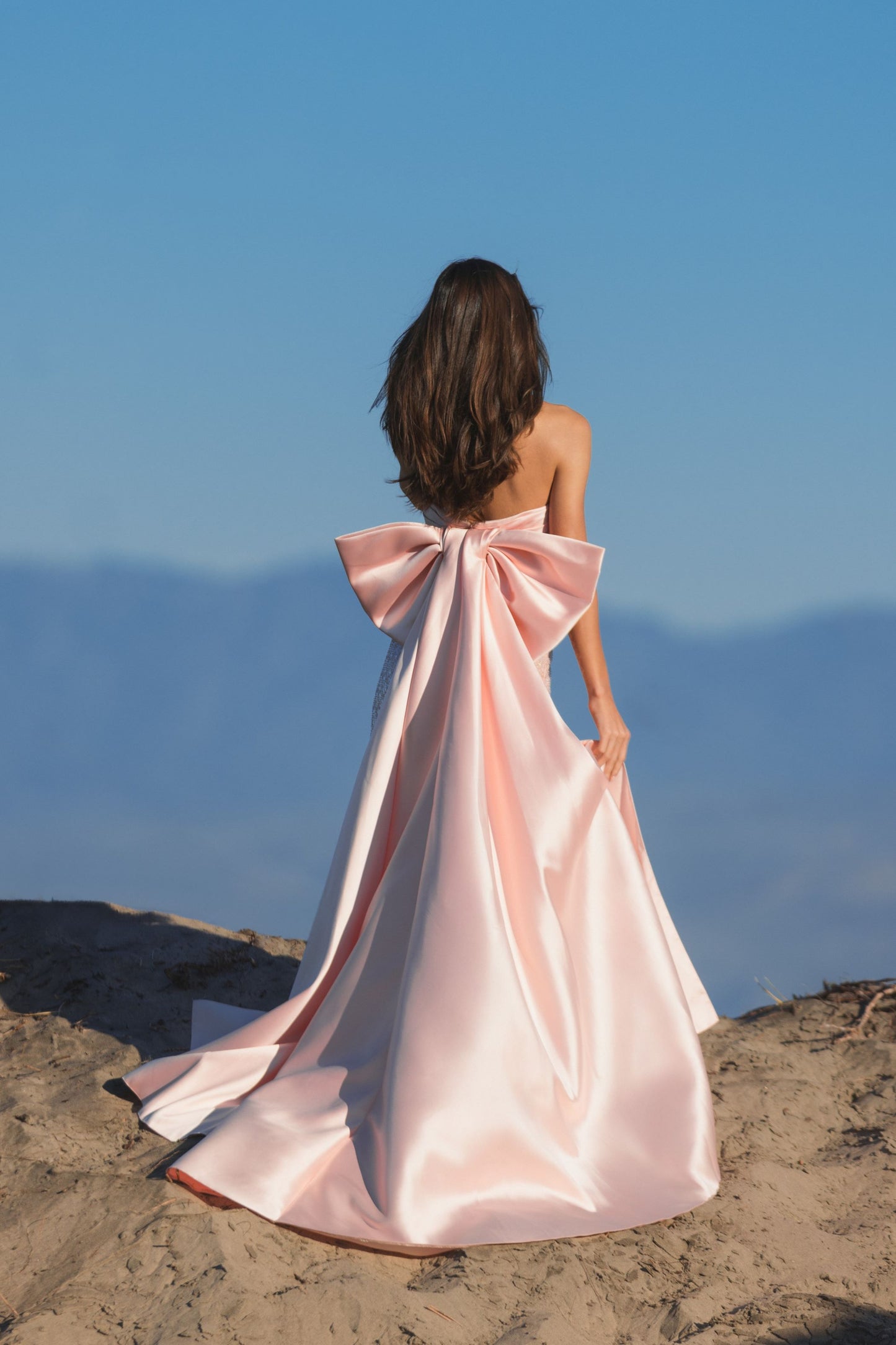 Pink Strapless Embellished Gown With Back Bow Detail