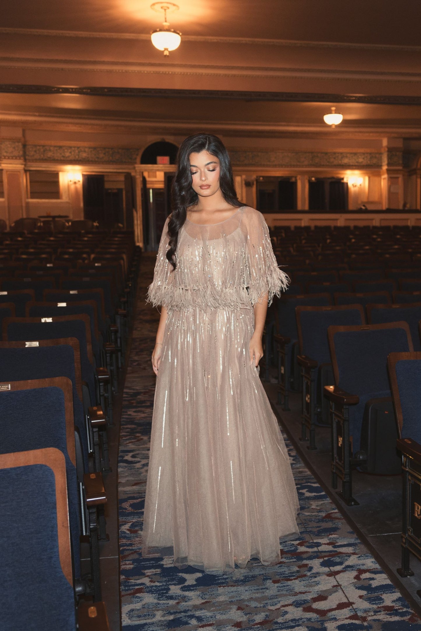 Beige Embellished A Line Dress with Feather Detail Cape