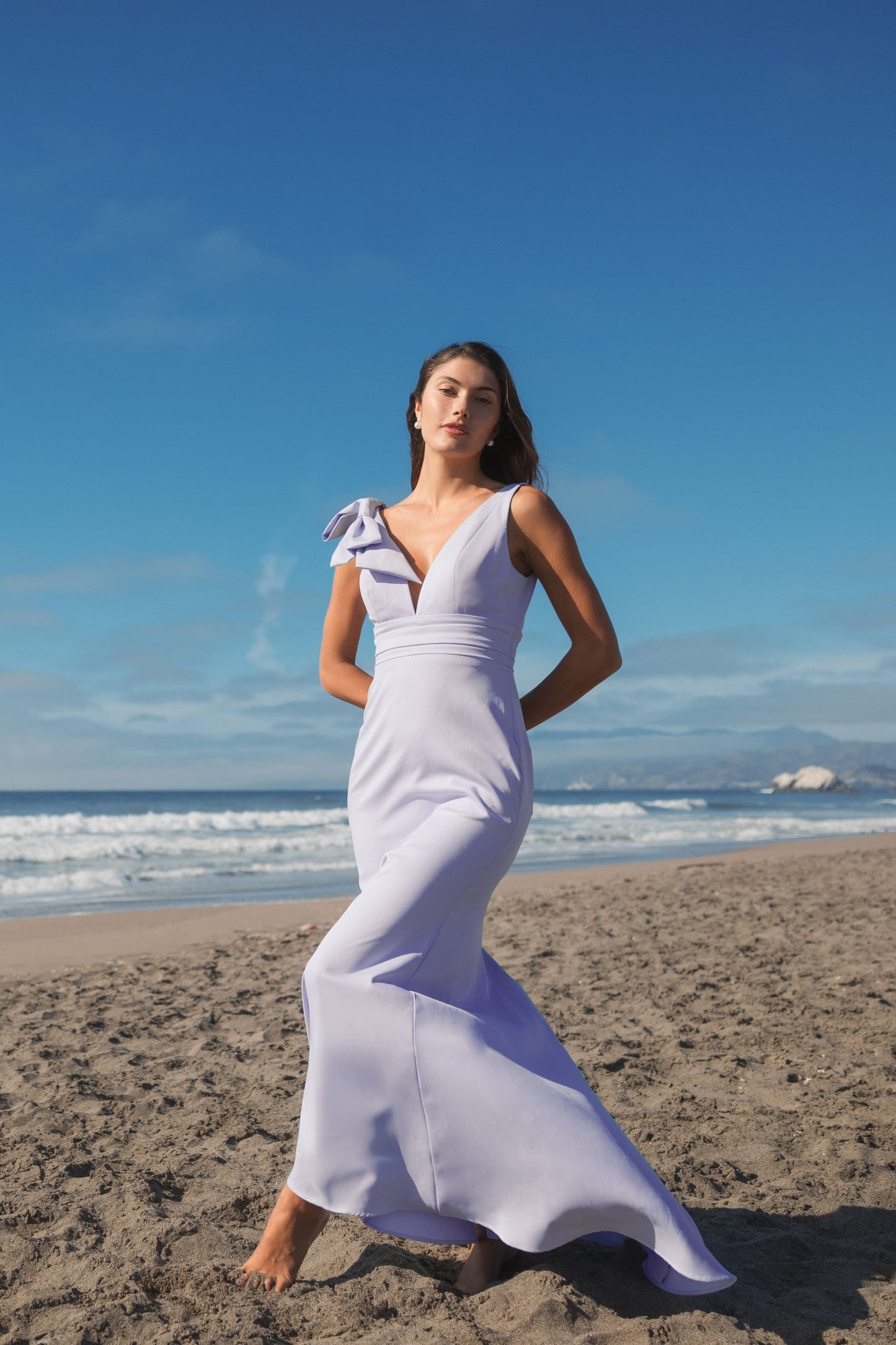 Purple Sleeveless V Neck Bow Detail Mermaid Gown